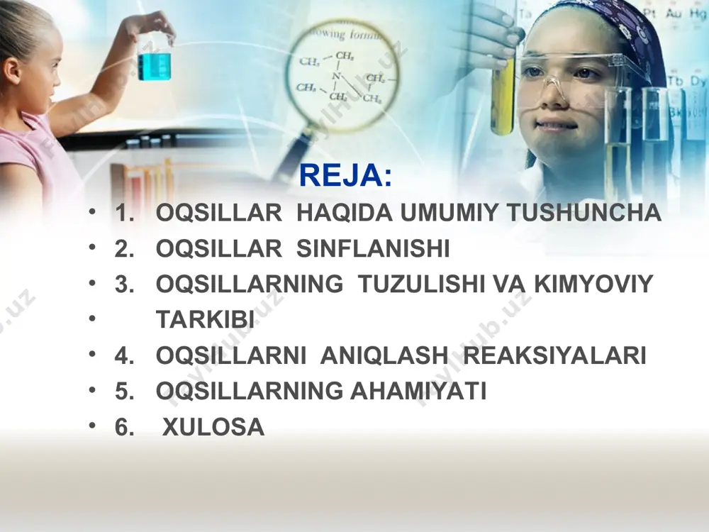 `p bo`lib, masalan, odam organizmida 50000 dan ortiq oqsil turlari borligi aniqlangan bo`lsa, hozirgi vaqtda ularning 2000 dan ziyodi kashf qilingan va yaxshi tekshirilgan. oqsillarning xillari nihoyatda ko’p. organizmlarning har bir turi o’ziga xos oqsillarga ega. eng sodda organizmlardan biri bo’lmish ichak tayoqchasi (e. coli) hujayrasida 3000 ga yaqin ayrim oqsil molekulalari mavjud. odam organizmidagi oqsillarning xillari 5000 ga yetadi. ammo hozirgi kunga qadar uning qariyib yarmi, yani taxminan 2000 ga yaqini kashf etilgan va yaxshi tekshirilgan. oqsillar aminokislotalardan tuzilgan murakkab polimer moddalar bo’lib, ular tarkibida azot elementi saqlaydi va shu xususiyati bilan boshqa biomole-kulalardan farq qiladi. u organizmda kechadigan hayotiy jarayonlarning mo’tadil amalga oshishida muhim o’rin egallaydi. aminokislotalar yog’ kislotalarining hosilasi bo’lib, ular tarkibida karboksil (- cooh) bilan bir qatorda aminogruppa (- nh2) ham saqlaydi. nh2 gruppa hamma vaqt α – uglerod atomidan o’rin oladi. uning umumiy formulasi yuqorida keltirilgan. radikal (r) o’rnida turli xil funktsional gruppalar o’rin olishi …