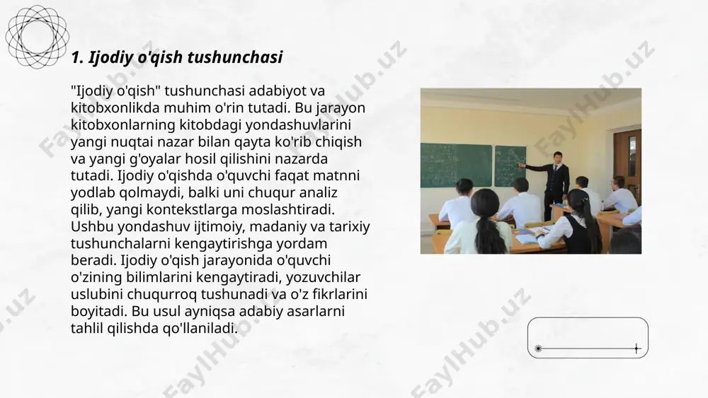 to'g'ri idrok etishga yordam beradi. ijodiy o'qishda muallif asarlari bilan tanishish, ularning stilistikasini va mavzularini tushunish uchun asosiy omillardan biridir. bu jarayon o'quvchini asar bilan chuqurroq bog'lash va tafsir qilishda muhim ahamiyat kasb etadi. ... t.me/slaydai_bot ijodiyat va adabiyot o'rtasidagi aloqalar chuqur ildizlarga ega. adabiyot ijodkorlarning fikrlarini, hissiyotlarini va tajribalarini ifodalash vositasi sifatida xizmat qiladi. u turli janrlar orqali insoniyat tarixi davomida ijtimoiy, madaniy va falsafiy masalalarni yoritgan. ijodkorlar asarlari orqali yangi uslublar va shakllarni tajriba qilishadi, bu esa adabiyotning doimiy rivojlani-shi va rang-barangligini ta'minlaydi. masalan, xix asrda realist va modern uslublar o'rtasida o'tish jarayoni ijodiyat va adabiyotdagi o'zgarishlarni ko'rsatgan. ushbu jarayonlar orqali adabiyot nafaqat o'z davrining ko'zgusi, balki kelajak avlodlar uchun ilhom manbai bo'lib xizmat qiladi. ... t.me/slaydai_bot 7. o'qish qobiliyatlarini rivojlantirish usullari o'qish qobiliyatlarini rivojlantirish uchun bir nechta usullar mavjud. eng avvalo, muntazam ravishda kitob o'qishni odat qilish kerak, bu miya faoliyatini kuchaytiradi va so'z boyligini oshiradi. ertalab …