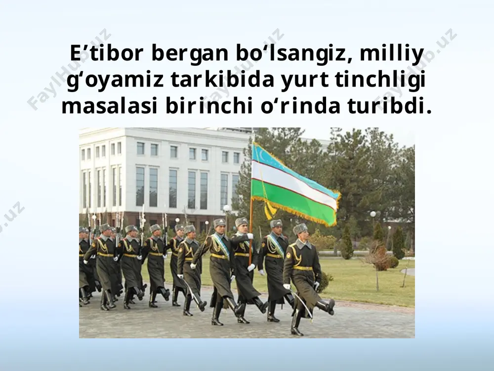 ounnahrda hukmronlik qilgan qirq yil mobaynida mamlakatda tinchlik-barqarorlik ustuvor bo‘lgani sababli ilm-fan, madaniyat taraqqiy etgan, bunyodkorlik ishlari rivojlangan, ko‘hna zaminimiz gullab-yashnagan. samarqand shahridagi mirzo ulug‘bek rasadxonasining sekstanti – poydevor qismidagi yulduzlarni kuzatish inshooti saqlanib qolgan. «insonning eng ustuvor va muqaddas huquqlaridan biri – bu tinch yashash huquqidir. davlat va jamiyatning burchi ana shu huquqni barcha qonuniy vositalar bilan kafolatlab berishdan iborat. savol va topshiriqlar: 1. dunyodagi eng buyuk boylik nima? 2. tinchlik bo‘lmagan joyda nima uchun fayz-u baraka, rivojlanish bo‘lmaydi? bu haqda qanday maqollarni, hayotiy misollarni bilasiz? 3. yer yuzida tinchlik va barqarorlikni asrash nima uchun butun insoniyatning muqaddas ishiga aylanmoqda? 4. dunyoda tinchlikni buzishga urinadigan qanday yovuz kuchlar bor? 5. urushning dahshatli manzaralari aks ettirilgan qanday kitoblarni o‘qigansiz, kinofilmlarni tomosha qilgansiz? 6. tinchlikka erishish, uni asrab-avaylash uchun nima qilish kerak? 7. mamlakatimizda tinchlik va barqarorlik tufayli ro‘y bårayotgan o‘zgarishlar haqida so‘zlang. image2.jpeg image3.jpeg image4.jpeg image5.jpeg image6.jpeg image7.jpeg image8.jpeg image9.jpeg …