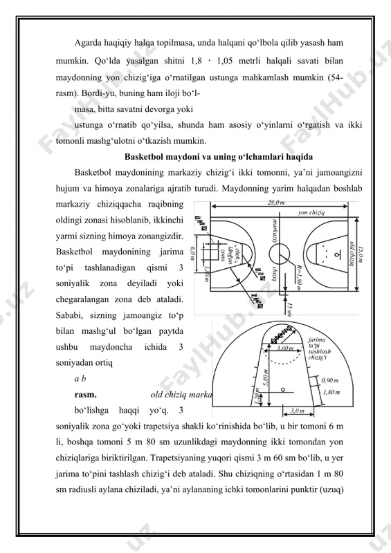 holatiga qaytishni va yana balandlikka prujinasimon sakrashlarni 4—5 marta bajaring. asta-sekin tinchlantiruvchi yurishlarga o‘ting. maydonda tartib saqlang. o‘yin tugagach, to‘pni, albatta, o‘z joyiga olib borishga odatlaning. agar mashg‘ulot sport zalida o‘tkazilgan bo‘lsa, undan so‘ng zal havosini yaxshilab almashtiring, yoritgichlarni tekshiring, jarohatlanishga sabab bo‘ladigan ortiqcha narsalarni zaldan chiqarib tashlang. o‘yin paytida sirpanib ketib jarohat olmaslik uchun maydonning nam, ho‘l joylarini qurigunicha toza latta bilan arting. o‘yinchining ko‘rinishi doimo ozoda, xushbichim bo‘lishi kerak. o‘yin paytida qo‘l soati, taqinchoqlar, zirak va boshqa narsalarni yechib, bexavotir joyga olib qo‘ying, aks holda ular tan jarohatiga sabab bo‘lib qolishi mumkin. basketbolchining dastlabki holati —tik turishi va joydan joyga siljib yurishi basketbolchi maydon bo‘ylab joydan joyga o‘tib yurish uchun yurib, sakrab, to‘xtab, aylanib harakat qiladi. tik turish dastlabki holat bo‘lib, eng qulay sanaladi. o‘yinchilar himoyada bu holatni egallab xohlagancha bir joydan ikkinchi joyga yugurib o‘tadilar. bunda, ko‘pincha, oyoqlar yelka kengligida bo‘lib, gavda og‘irligi ikkala oyoqqa bir tekis …