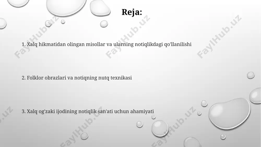 ari ogʻzaki ijodida uchraydigan 5 ta asosiy janr – ertak, afsona, rivoyat, maqol va topishmoqlar, notiqning nutqida tinglovchilarni jalb qilish va turli his-tuygʻularni uygʻotish uchun samarali vositalar hisoblanadi. qoʻshiqlar va dostonlar: his-tuygʻularni ifoda etish vositasi 15-asrga oid qo'lyozmalarda uchraydigan "layli va majnun" dostoni misolida, 30 dan ziyod muloqot uslubi orqali sevgi va iztirob his-tuyg'ularining ifodalanishi kuzatiladi. farg'ona vodiysidagi xalq qo'shiqlarining tahlili shuni ko'rsatadiki, tabiat tasvirlari orqali 5 ga yaqin asosiy insoniy his-tuyg'ular ifodalanadi. qo'shiq va dostonlardagi 200 dan ortiq turli xil metafora va epitetlar, samarqand va buxoro maktablari an'analariga asoslanib, his-tuyg'ularning chuqur ifodasini ta'minlaydi. maqollar va hikmatli soʻzlarning nutqqa taʼsiri oʻzbek xalq maqollarining 20% dan ortigʻi ijtimoiy adolat, 15% esa insoniy fazilatlar haqida boʻlib, bular samarqanddagi nutqlarga maʼno va chuqurlik qoʻshadi. andijon viloyatidan olingan 100 ta hikmatli soʻz namunasi, oratorning nutqiga ijodiylik va noyoblik bagʻishlab, tinglovchilar xotirasida uzoq vaqt saqlanib qolishini taʼminlaydi. maqollar va hikmatli soʻzlar, xususan, 500 dan ortiq …