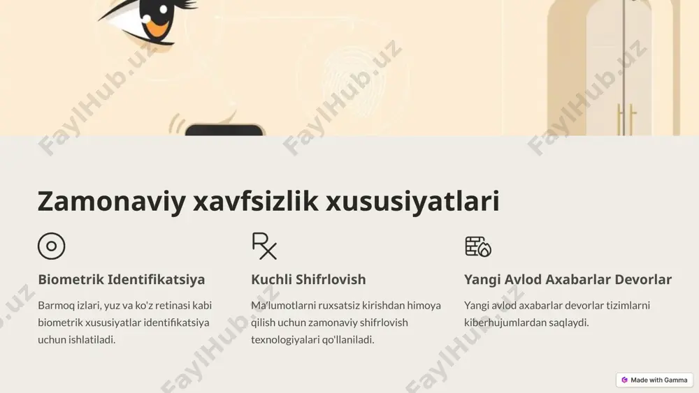 maʼlumotlarga kirish huquqiga ega bo'ladi. saqlash maxfiy maʼlumotlar maxsus xavfsiz qurilmalarda yoki shifrlanib saqlanadi. uzatish maxfiy maʼlumotlar faqat ruxsatli va xavfsiz yo'llar bilan uzatiladi. 6 kiberhujumlardan saqlash chora-tadbirlari 1 zaifliklari baxolash tizimlarning xavfsizligidagi zaifliklari muntazam baholanadi. 2 antivirues vositalari zamonaviy antivirues dasturlar va yangilangan tasdiqlanmagan dasturlardan foydalaniladi. 3 insident reaksiyasi kiberhujum xodisasi sodir bo'lgan holatlarda tezkor chora-tadbirlar ko'riladi. 4 monitoring va nazorat tizimlar va tarmoqlarning doimiy monitoring va nazorat qilib boriladi. 7 xavfsizlik yechimlarini joriy qilish va monitoring qilish xavfsizlik siyosati xavfsizlik siyosatini ishlab chiqish va joriy etish xavfsizlik texnologiyalari zamonaviy xavfsizlik texnologiyalarini tadbiq qilish xavfsizlik jarayonlari xavfsizlik jarayonlarini loyihalash va boshqarish xavfsizlik monitoringi xavfsizlik holatini doimiy monitoring qilish 8 image1.png image2.png image3.png image4.png image5.png image6.png image7.png image8.png image9.png image10.png image11.png image12.png image13.png image14.png