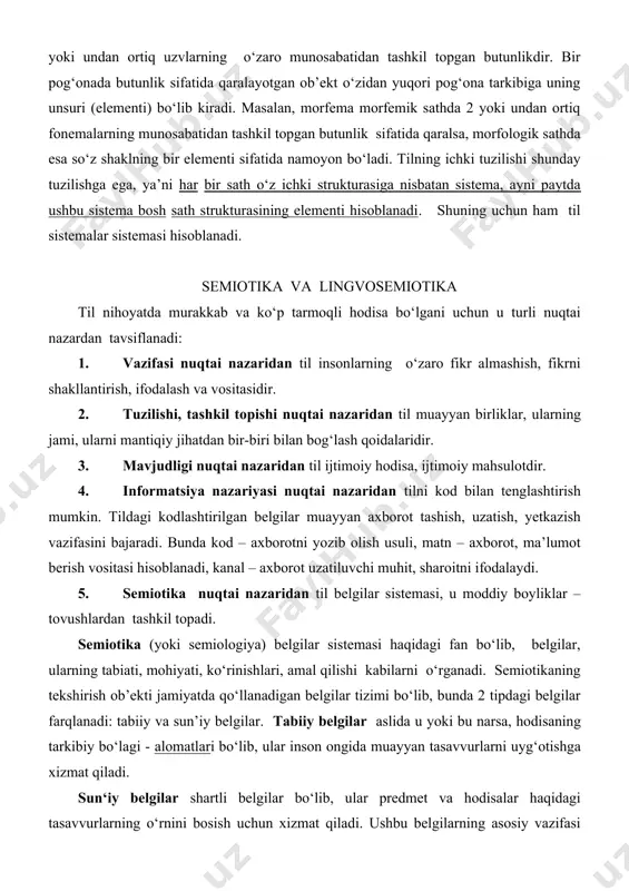 bilan bog‘lash qoidalaridir. 3. mavjudligi nuqtai nazaridan til ijtimoiy hodisa, ijtimoiy mahsulotdir. 4. informatsiya nazariyasi nuqtai nazaridan tilni kod bilan tenglashtirish mumkin. tildagi kodlashtirilgan belgilar muayyan axborot tashish, uzatish, yetkazish vazifasini bajaradi. bunda kod – axborotni yozib olish usuli, matn – axborot, ma’lumot berish vositasi hisoblanadi, kanal – axborot uzatiluvchi muhit, sharoitni ifodalaydi. 5. semiotika nuqtai nazaridan til belgilar sistemasi, u moddiy boyliklar – tovushlardan tashkil topadi. semiotika (yoki semiologiya) belgilar sistemasi haqidagi fan bo‘lib, belgilar, ularning tabiati, mohiyati, ko‘rinishlari, amal qilishi kabilarni o‘rganadi. semiotikaning tekshirish ob’ekti jamiyatda qo‘llanadigan belgilar tizimi bo‘lib, bunda 2 tipdagi belgilar farqlanadi: tabiiy va sun’iy belgilar. tabiiy belgilar aslida u yoki bu narsa, hodisaning tarkibiy bo‘lagi - alomatlari bo‘lib, ular inson ongida muayyan tasavvurlarni uyg‘otishga xizmat qiladi. sun‘iy belgilar shartli belgilar bo‘lib, ular predmet va hodisalar haqidagi tasavvurlarning o‘rnini bosish uchun xizmat qiladi. ushbu belgilarning asosiy vazifasi ma’lum bir xabarni to‘plash, saqlash, yetkazish, ya’ni insonlar …