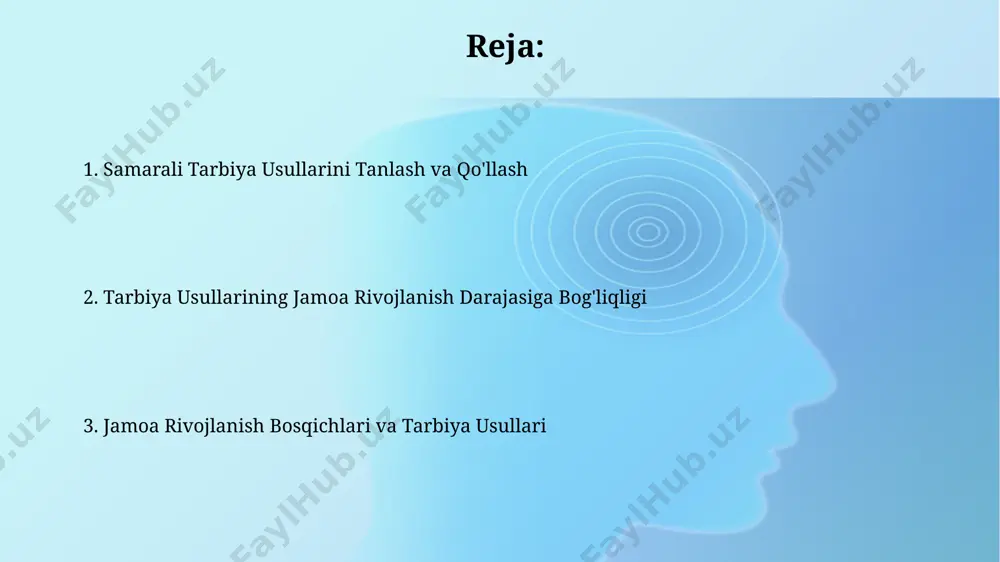 ullari andijon viloyatidagi 20 ta oilaviy biznesda o'tkazilgan so'rovnomalar shuni ko'rsatdiki, to'planish bosqichida ota-onalar farzandlarini rag'batlantirish va muvaffaqiyatlarini 20% ga oshirish uchun ijobiy mustahkamlash usullaridan foydalanishgan. reja bosqichidagi jamoa a'zolarini tarbiyalashda 5 yoshdan 10 yoshgacha bo'lgan bolalarga nisbatan samarqanddagi maktablar tajribasida individual yondashuv va o'yin usullarining samaradorligi 70% ga yetganligi aniqlangan. avtoritar tarbiya usullari va uning jamoaga ta'siri avtoritar tarbiya usullarining 5 yoshgacha bo'lgan bolalarga ta'siri samarqand viloyatida o'tkazilgan tadqiqotlar natijalariga ko'ra, jamoaviy ishlarga salbiy ta'sir ko'rsatishi aniqlangan. qashqadaryo viloyatida o'tkazilgan sotsiologik so'rovnoma natijalariga ko'ra, avtoritar tarbiya usuli bilan tarbiyalangan yoshlar o'rtasida ishonchsizlik va 15% ga yuqori darajada individualizm kuzatilgan. boshlang'ich bosqichdagi tarbiya usullari yosh bolalarni tarbiyalashda, toshkent viloyatida keng qoʻllaniladigan 2 ta asosiy usul – ijobiy mustahkamlash va modellik orqali oʻrgatish usullaridir, bu yoshdagi bolalarning taqlid qilish qobiliyatidan foydalaniladi. qashqadaryo viloyatidagi 3-4 yoshli bolalar bilan ishlashda emotsional-xulq-atvorni tartibga solishga qaratilgan tarbiya usullari qoʻllaniladi, bu yerda bolaga oʻz his-tuygʻularini ifoda …