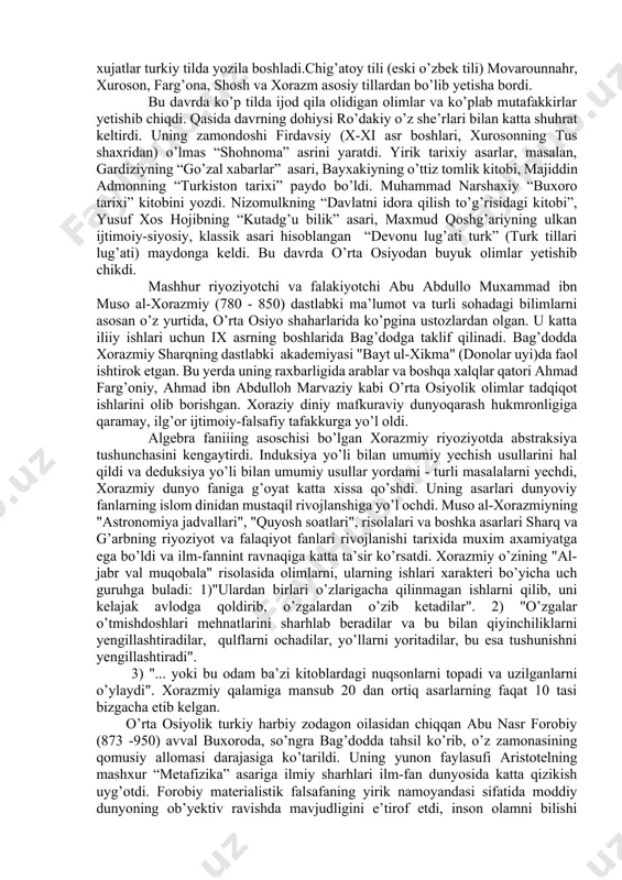 dilar“ (gegel). aniq fanlar va ularni oʻrganish usullarini, dehqonchilik va chorvachilik ilmlari, dengizda suzish, qarbiy texnikani yevropa sharqdan olib rivojlantirdi. „matematika, kimyo, tibbiyot sohasida musulmonlarning xizmati buyuk… bu fanlarda musulmonlar yevropaning muallimlari boʻlib qoldilar“ (g. gerder). yevropa uygʻonish davri adiblari dante, petrarka, bokkacho sharq ilmfani, adabiy asarlaridan ilhomlanganlar. dante „bazm“, „ilohiy komediya“ asarlarida ibn sino va ibn rushdni oʻz ustozlari qatorida ehtirom bilan tilga oladi. axmad fargʻoniy asarlaridan foydalanganini qayd etadi. k. marloning „buyuk temur“ dramasida amir temur jasur, xaloskor inson sifatida tasvirlangan. musiqada ham uygʻonish davri jarayoniga xos yuksalish dastlab sharkda yuz berdi. markaziy osiyo xalqlarining qad. anʼanalari arab, hind va fors musiqiy meros asarlari, cholgʻulari bilan oʻzaro taʼsir jarayonlari natijasida yanada boyib qaytadan jonlandi. zero, forobiy va uning izdoshi ibn sino musikaning nazariy, falsafiy va estetik masalalarini atroflicha tadqiq etib, umumsharqiy taʼlimotni yaratishgan. xususan, yaqin va oʻrta sharq xalklari musiqa amaliyotiga tayangan holda, kuy va usullar, qoʻllaniladigan sozlar, …