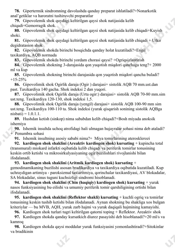 sfera (havo muhiti) tarkibi va xossalari uzgarishi bilan bogliq vaziyatlar. 60. ekologik tusdagi fv keltirilgan javobni toping+ gidrosfera holatining uzgarishi bilan bogliq vaziyatlar 61. ekologik tusdagi fv keltirilgan javobni toping+quruqlik (tuproq, yer osti) holatining uzgarishi bilan bogliq vaziyatlar 62. etanol bilan zaharlanishda birinchi navbatda qaysi azoga tasir qiladi?+markaziy asab tizimi 63. fv — 500 dan ortiq odam jabrlan- gan yoxud 500 dan ortiq odamning hayot faoliyati sharoitlari buzilgan, yoxud moddiy zarar favqulodda vaziyat paydo bulgan kunda eng kam ish haqi miqdorining 0,5 million baravaridan orti- gini tashkil etadigan favqulodda vaziyatlar bu + respublika fv 64. fv — favqulodda vaziyat natijasida 10 dan ortiq bul- magan odam jabrlangan yoxud 100 dan ortiq bulmagan odamning hayot faoliyati buzilgan yoxud moddiy zarar fv paydo bulgan kundan eng kam oylik ish haqi miqdorining ming baravaridan ortiq bulmaganini tashkil etadigan hamda favqulodda vaziyat zonasi ishlab chiqarish obyekti hududi tashqarisiga chiqmaydigan holatlar bu+lokal fv 65. fv …