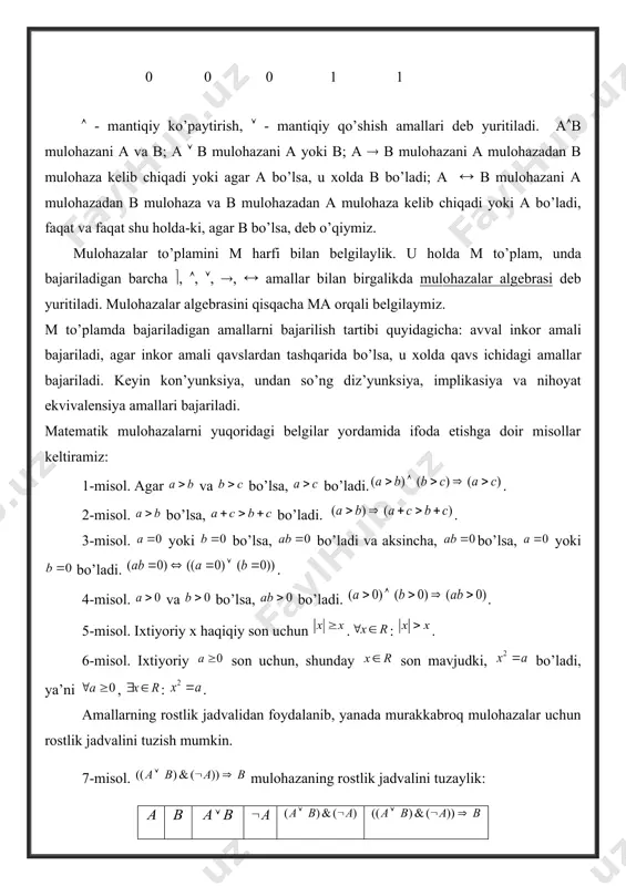 holda u komil inson bo‘ladi” degan mulohaza “komil inson bo‘lmagan shaxs chuqur bilimga ega bo‘lmaydi” degan mulohazaga teng kuchli. 5. ( a )a ; ( a)a - de morgan[footnoteref:2] qonunlari . [2: de morgan (augustus de morgan (1806 - 1871) – british mathematician.] de morgan qonunlari inkor amali yordamida kon’yunksiya va diz’yunksiya amallarini bir-biri bilan almashtirishga imkon yaratadi. masalan, 1) «halol va vijdonli inson axloqli bo‘ladi» mulohazaning inkori «halol bo‘lmagan yoki vijdonli bo‘lmagan inson axloqsiz bo‘ladi» mulohazaga teng kuchli. 2) «men darsdan so‘ng yo kutubxonaga, yo do‘stimnikiga bordim» mulohazaning inkori “men darsdan so‘ng kutubxonaga ham, do‘stimnikiga ham bormadim” mulohazaga teng kuchli. 6. . masalan, «agar bo‘sh vaqtim bo‘lsa, unda televizor ko‘raman» mulohaza «yoki bo‘sh vaqtim bo‘lmaydi, yoki televizor ko‘raman» mulohazaga teng kuchli. 7. ; – kommutativlik qonunlari. kommutativlik qonunlari o‘z-o‘zidan ravshan bo‘lsa ham, ularni o‘ylamasdan qo‘llashda muammolarga duchor bo‘lish mumkin. bu holatga klini[footnoteref:3] misolini keltiramiz: [3: stephen cole kleene (1909-1994) …