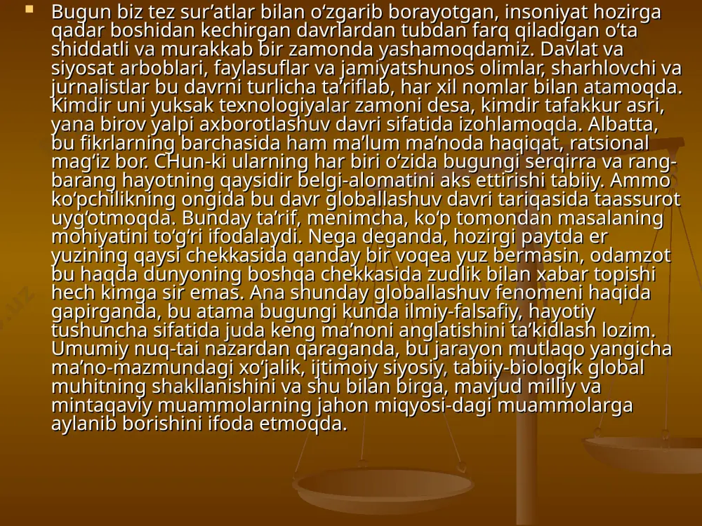 ilishadi. ikkinchisi teskarisidan o'z nomlarini oldi - ularni anti-globalistlar deb atashdi. bizning zamonamizda anti-globalizm eng nufuzli chap siyosiy harakatlardan biridir. oddiy odam uchun qaysi tomonga qo'shilishni mustaqil ravishda aniqlash qiyin. mashhur yapon futurologi o'z kitobida ta'kidlaganidek michio kaku, ko'plab oddiy odamlar globallashuv nima degan savolning mohiyatini tushunishmaydi. globallashuvning ijobiy va salbiy tomonlarini ta'kidlash uchun avval siz ushbu atamaning aniq ta'rifini berishingiz kerak. globallashuv - bu inson hayotining barcha jabhalariga ta'sir etuvchi, ularni birlashtirishga va jamiyat va iqtisodiyotning to'liq integratsiyasiga qaratilgan global jarayon. globallashuv jarayoni xix asrning 30-yillarida, turli mamlakatlar iqtisodiyotlari bitta global bozorga birlasha boshlagan paytda boshlandi. keyin yangi kolonizatsiya to'lqini va undan kelib chiqqan protektsionizm siyosati tufayli jarayon to'xtatildi. keyingi globallashuvni qayta tiklash urinishlari birinchi jahon urushi va sssr deb nomlangan mamlakatning paydo bo'lishi bilan to'xtatildi. sovet ittifoqi parchalanib ketgunga qadar globallashuvning asosiy to'xtatuvchisi bo'lgan, chunki u avvalgi mafkuraga to'g'ri kelmagan edi. o'tgan asrning 90-yillaridan boshlab, bipolyar dunyo qulaganidan …
