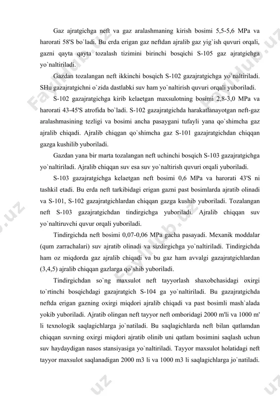 va tindirgichda ajratib olinib sizdirgichga kelib to`plangan qatlam suvlaridan erigan gaz va qolib ketgan neft ajratib olinadi. ajratib olingan gaz past bosimli mash`alada yoqib yuboriladi, neft esa texnologik saqlagichlarga jo`natiladi. to`liq ajratib olingan qatlam suvi qaytadan qatlamga suv haydash tizimiga yo`naltiriladi. gazni tozalash tizimi to`liq qurilib bo`lgandan keyin neftdan ajratib olingan va hozircha yoqib yuborilayotgan gazlar ikki bosqichda og`ir uglevodorodlardan tozalanadi. avvalo s-105 gazajratgichda gaz tarkibidagi neft va kondensat ajratib olinadi. shundan so`ng gaz havo sotuvgich apparatida sovutiladi va oxirgi gaz ajratgichga yo`naltiriladi. bu erda gazni tarkibidagi deyarli barcha suyuq uglevodorodlardan tozalanadi va toza, quritilgan gaz elektr tizimiga yuboriladi. ajratib olingan suyuq uglevodorodlar tayyor maxsulot omboriga jo`natiladi. zevarda konidagi mtk-2 ham xuddi ko`kdumaloq konidagi mtk-1 ga o`xshash. lekin shu bilan birga ba`zi elementlarida farqi ham bor. bu farqlari quyidagilardan iborat: · qatlam suvlari qatlam bosimini saqlash tizimiga qaytarilmaydi, balki bug`latgich hovuzga jo`natiladi; · ajratib olingan eritgan gaz muborak gazni qayta …