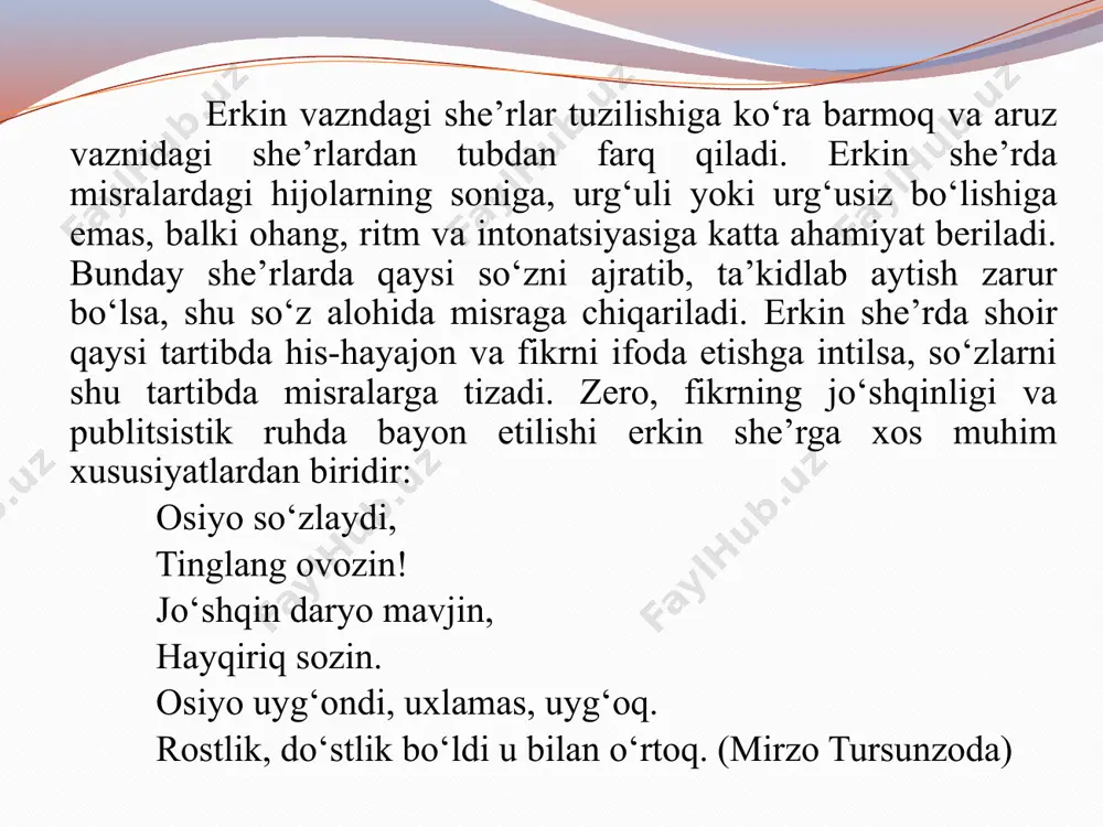 g, turoqlarga ajratib, ifodali o’qishni mashq qiling. kechikish na to‘yu na aza, na ish, na bayram, hech qayga, hech qachon, hech bir holatda – vaqtida kelmagan bu sho‘rlik odam. bir soat kechikar kami, albatta. unda sira ayb yo‘q, yugurik davr mos kelmadi uning sustkash joniga, taqdir kechiktirdi bir soat nadir, kamida bir asr o‘z zamoniga. (erkin vohidov) 2-mashq. g‘afur g‘ulomning “vaqt” she’ridan olingan quyidagi parchalarni o‘qib mazmunini tahlil qiling. sizningcha, erkin vohidovning “bong uring”, “kechikish”, g‘afur g‘ulomning “vaqt” she’rlarini o‘zaro birlashtirib turuvchi mushtarak jihatlar nimada? yashash soatining oltin kapgiri har borib kelishi bir olam zamon. koinot shu damda o‘z kurrasidan yasab chiqa olur yangidan jahon. yarim soat ichida tug‘ilib, o‘sib, yashab, umr ko‘rib, o‘tguvchilar bor; ko‘z ochib yumguncha o‘tgan dam - qimmat, bir lahza mazmuni bir butun bahor she’rning vaznini aniqlang, turoqlar o‘rnini belgilab, ifodali o‘qishni mashq qiling. aruz vaznidagi asarlarni ifodali o‘qish uchun, avvalo, ushbu o‘lchov tizimiga xos xususiyatlar …
