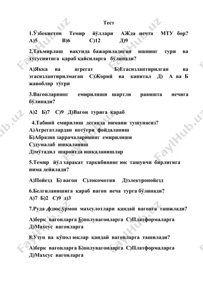 temir yo'llariga oid test savollari — DOCX