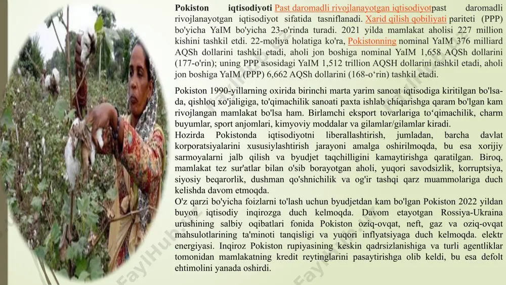 49-50 yillarda 66 million rupiya taqchilligini tashkil etdi, bu pokistonni import o'rnini bosuvchi sanoatlashtirishni qabul qilishga olib keldi. qishloq xo'jaligi sektori yaimdagi ulushi qishloq xo'jaligi mamlakat yaimining 19%-ini tashkil etadi. asosiy ekinlar paxta bug'doy sholi qamish muammolar suv taqchilligi va zamonaviy texnologiyalarning yetishmasligi asosiy muammolar. yechimlar sug'orish tizimini modernizatsiya qilish va ekinlarni diversifikatsiya qilish rejalashtirilmoqda. 5 sanoati pokistonga mustamlakachilik davridan bir necha kichik toʻqimachilik fabrikasi, qand zavodi, temir yoʻl va mexanika ustaxonasi meros boʻlib qolgan. 50-yillarda sanoatlashtirish siyosatining asosiy mazmuni yengil sanoatni, avvalo toʻqimachilik sanoatini rivojlantirishdan iborat boʻldi. 1952-yilda sanoatni rivojlantirish davlat korporatsiyasi faoliyat boshladi. 1955-yilda suyi (balujiston)da yi-rik tabiiy gaz konini oʻzlashtirishga kirishildi. kon sanoati jadal surʼatlar bilan, baʼzi yillarda 20% gacha oʻsdi. mamlakat janubiy (sind provinsiyasi)da neft konlarining ochilishi va ishga tushirilishi natijasida neft qazish hajmi 4 baravar oshdi. hozirgi neft ishlab chiqarish (yiliga taxminan 2,5 mln. tonna) mamlakat ehtiyojining 25—30% ni qoplaydi. 50—80-yillarda zavod va fabrikalarning umumiy …