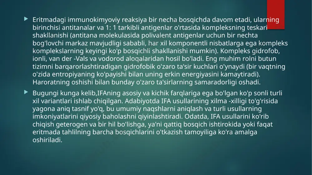 arini sezilarli darajada kamaytirish mumkin. shu munosabat bilan, fermentativ reaktsiyalarni aniqlashning lyuminestsent usullari, shuningdek, birlamchi ferment reaktsiyasi ("kaskadlar") mahsulotlarini aniqlashni fermentativ takomillashtirishga asoslangan usullar istiqbolli. elisada ferment belgilarini tanlashga bir qator umumiy talablar qo'yiladi. asosiylari quyidagilar: 1. past kontsentratsiyada yorliqni aniqlash imkonini beruvchi yuqori o'ziga xoslik va o'ziga xos katalitik faollik; 2. fermentning mavjudligi, antijenlar yoki antikorlar bilan konjugat olishda kimyoviy modifikatsiyadan keyin yuqori faollikni saqlaydigan etarlicha sof ferment preparatlarini olish imkoniyati; 3. antigen-antikorlarning o'zaro ta'sirining optimal sharoitida barqarorlik; 4. ferment konsentratsiyasini aniqlash usulining soddaligi va sezuvchanligi. polimeraza zanjirli reaktsiyasi (pcr) - bu biologik materialda (namuna) ma'lum nuklein kislotasi bo'laklarining (dnk yoki rnk) kichik konsentratsiyasini sezilarli darajada oshirishga imkon beradigan molekulyar biologiya usuli. dnkni kuchaytirishdan tashqari, pcr nuklein kislotalari bilan boshqa ko'plab manipulyatsiyalarga (mutatsiyalarni kiritish, dnk bo'laklarini biriktirish) imkon beradi va biologik va tibbiy amaliyotda, masalan, kasalliklarni aniqlashda (irsiy, yuqumli), otalikni aniqlashda, genlarni klonlash, yangi genlarni ajratish uchun. reaktsiya jarayoni …