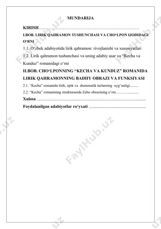 raviy, madaniy, ma’rifiy, diniy va axloqiy qarashlarni o’zida to’la mujassam etadi”[footnoteref:1]. [1: karimov i.a yuksak ma’naviyat –yengilmas kuch. –t.. ma’naviyat, 2008. 136-137.] haqiqatdan ham cho’lpon ijodiyoti kishini ma’naviyatga yetaklaydi. ma’lumki o’zbek adabiyotshunosligida cho’lponning hayoti va ijodi, uning go’zal she’riyati, nasriy asarlari o’rganilgan. ammo uning nasriy asarlari ayniqsa ularning kompozitsiyasi ayri holicha tadqiq etilgan. biz aynan shu muammoni tadqiq etishga urindik. bu esa bitiruv malakaviy ishimizning dolzarbligini belgilaydi. ishning maqsad va vazifalari. mazkur bitiruv malakaviy ishning maqsad va vazifalari cho’lpon nasrining kompiozitsion butunligini o’rganib tahlil qilishdan iborat. bitiruv malakaviy ishning maqsad va vazifalari quyidagilardan iborat · cho’lponning safarnoma, ocherk, hikoyalarining struktu (tuzilishuni) o’rganib tahlil qiliush; · cho’lponning safarnoma ocherk yoyinki publististik asarlaridagi kompozitsion butunlikni tadqiq etish; · adib hikoyalarining janriy qurilishini o’rganish · “kecha” romanining kompozitsion yaxlitligini tahlil qilish · roman strukturasida zebi obrazinng o’ziga xos o’rnini o’rganish tadqiqotning ilmiy yangiligi. yuqorda ta’kidlaganimizdek cho’lponning hayoti va ijodi uning nodir she’riyati nasriy …