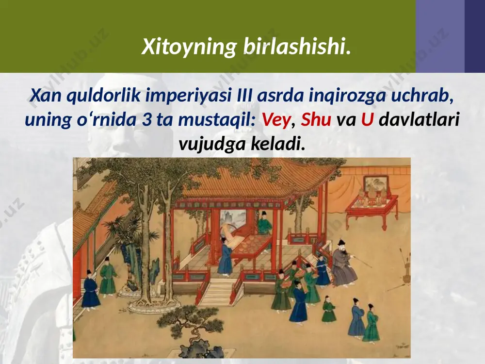 b xalifaligi, vizantiya, yaponiya va hindiston bilan savdo diplomatik aloqalar o‘rnatadi. savol va topshiriqlar 1. xitoyda yerga egalik munosabatlari qachondan vujudga kelgan? 2. mamlakatda dehqonlar ahvoli qanday bo‘lganligini so‘zlab bering. 3. xitoyda shaharlar, hunarmandchilik va savdoning rivojlana borishini misollar bilan ko‘rsating. 4. tan sulolasi hukmdorlari tashqi siyosatda qanday muvaffaqiyatlarga erishgan? image2.jpg image3.jpeg image4.jpeg image5.jpeg image6.emf image7.jpeg image8.png image9.jpeg image10.jpeg image11.jpeg image12.emf image13.jpeg image14.png image15.jpeg image1.jpg