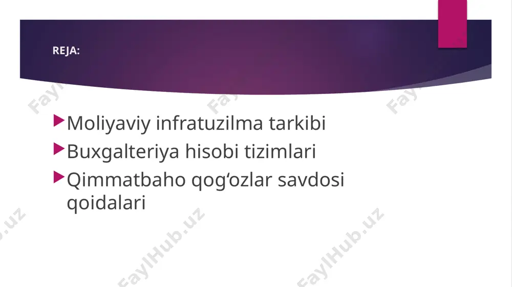 ada, moliyaviy tizimning chegarasidan chiquvchilardek izohlanadi. qimmatli qog‘ozlar bozorida savdo operatsiyalari to‘rt bosqichda amalga oshirilishi mumkin bitishuvni (shartnomani) tuzish; tuzilgan bitishuv parametrlarini tekshirish (solishtirish); qimmatli qog‘ozlar bo‘yicha savdoni amalga oshirish; bitishuv talablarini oxirigacha ijro qilish (to‘lovni amalga oshirish va qimmatli qog‘ozlarni yangi egasiga berish). ushbu bosqich hisob-kitob tizimi tomonidan amalga oshiriladi. qimmatbaho qog‘ozlar savdosi qoidalari qimmatbaho qog‘ozlar savdosi qoidalari odatda uyushgan birjalar tomonidan o‘rnatiladi. shundan so‘ng u tegishli qonun bilan tasdiqlanadi. bu qoidalar savdo operatsiyalarini o‘tkazishda xarajatlarni minimumgacha kamaytirish maqsadida savdo tartibi (protsedurasi)ni standartlashga mo‘l-jallangan. ideal holatda shu kabi qoidalar sinchkovlik bilan o‘ylab chiqilishi hamda savdoni eng kam xarajatlari bilan rag‘batlantirishi zarur edi. lekin amalda ular ko‘pincha yetarlicha erkin xarakterga ega. shunga qaramasdan, tan olish kerakki, bu kabi qoidalarning butunlay yo‘qligidan ko‘ra mavjudligi afzalroqdir.qimmatli qog‘ozlar bozorida moliyaviy instrumentlar savdosini tashkillashtiruvchi va savdo jarayonlarini ta’minlashga xizmat ko‘rsatuvchi institutlar uning savdo tizimi tuzilmasini tashkil qiladi. hozirda qimmatli qog‘ozlar bozori savdo tizimlari – …
