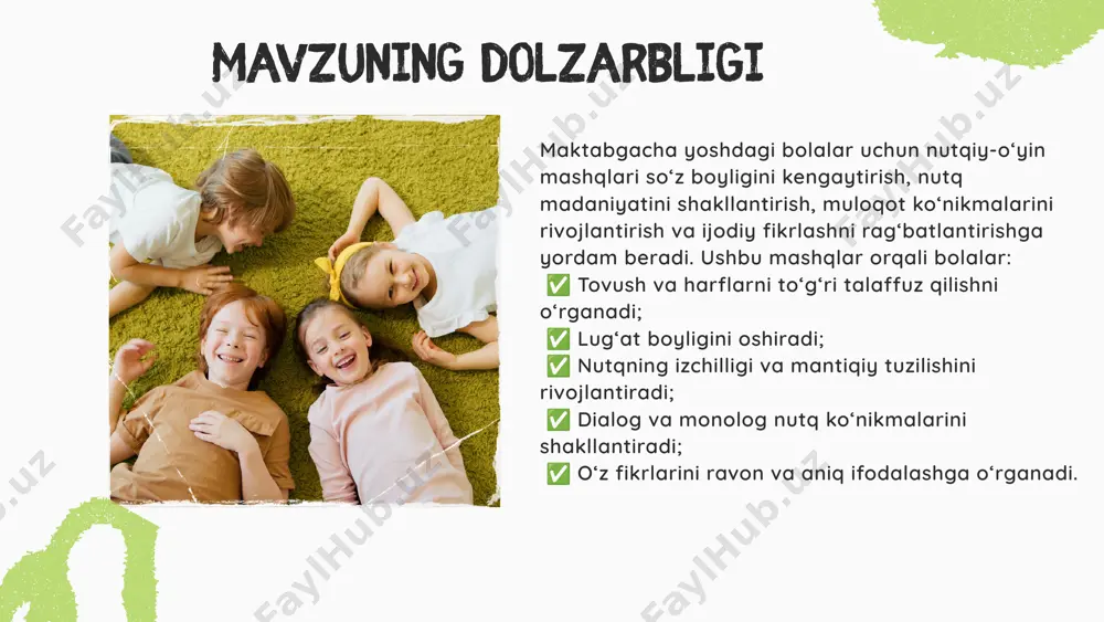 ishi, o‘z istak-xohishlari, hissiyotlari, fikrlarini ifoda qilgan holda tashabbus ko‘rsatib fikr bildirishga intilishini qo‘llab- quvvatlang; vtengdoshlari ishlariga qiziqishi, o‘z taassurotlarini ular bilan o‘rtoqlashishni istashi, o‘yin harakatlari, ro‘y berayotgan hodisaga munosabatini nutq bilan ifodalashga qiziqishini rag’batlantiring; bolangizning lug’at zahirasini kishilar, o‘simliklar, oziq-ovqatlar, kiyim-boshlar, mebellar, uy hayvonlari, o‘yinchoqlar, narsa-buyum qismlari (ko‘ylak yengi, cho‘ntaklari va yoqasi; mashina eshigi va g’ildiragi kabilar) nomlari bilan boyitib boring. gapda so‘zlarni bir-biriga to‘g’ri bog’lashni (masalan, «uyda ketdi» emas, «uyga ketdi», «kecha boraman» emas, «bugun boraman») o‘rgatishga alohida e’tibor bering; bolalardagi ko‘plab nutqiy muloqot va ko‘nikmalar mashg’ulotlardan tashqarida shakllanadi. maktabgacha talimda bolalarning kattalar (pedagoglar, tibbiyot hamshiralari, tarbiyachi yordamchisi va boshq.) bilan muloqoti har xil faoliyat turlarida ro‘y beradi. ømehnat jarayonida - xo‘jalik-maishiy, qo‘l va qishloq xo‘jaligi mehnatida bolalarning lug’ati boyiydi, aniqlashadi va faollashadi. xulosa maktabgacha ta’lim tashkilotlarida nutqiy-o‘yin mashqlarini tashkil etish bolalarning so‘z boyligini oshirish, ravon nutqini shakllantirish, muloqot qobiliyatini rivojlantirish va ijodiy tafakkurni kengaytirishda muhim ahamiyatga ega. …