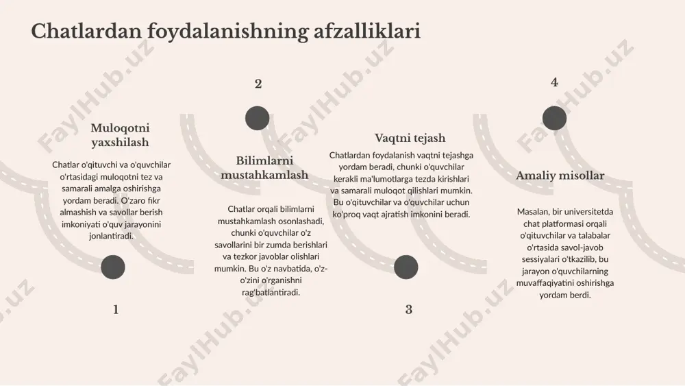 sqichi talabalar tomonidan o'qituvchidan yoki guruhdan kelgan xabarlarni olish va ularni muhokama qilish imkoniyatini beradi. bu jarayon o'zaro fikr almashish uchun muhimdir. 4-bosqich: xabarni boshqarish xabarni boshqarish jarayoni chatdagi barcha xabarlarni tizimlashtirish va muhim ma'lumotlarni saqlashni o'z ichiga oladi. bu jarayon talabalar va o'qituvchilar o'rtasidagi aloqani kuchaytiradi. 1 2 3 4 elektron pochta foydalanishining afzalliklari 1-afzallik: tezlik chatlar tezkor va samarali aloqa o'rnatishga yordam beradi, bu esa talabalarning savollariga va muammolariga tezda javob berishga imkon yaratadi. 2-afzallik: arzonlik chat xizmatlari ko'pincha bepul yoki arzon narxlarda mavjud, bu esa ta'lim muassasalariga iqtisodiy jihatdan foydali bo'ladi. 3-afzallik: osonlik chatlardan foydalanish juda oson, har kim o'z smartfonida yoki kompyuterida tezda ulanishi mumkin, bu esa ta'limda qulaylik yaratadi. 4-afzallik: xavfsizlik ko'p chat platformalari ma'lumotlarni shifrlash orqali foydalanuvchilarning maxfiyligini ta'minlaydi, bu esa ta'lim jarayonida muhimdir. 02. 04. 01. 03. xulosa chatlar ta'lim jarayonida muloqot va ta'sirni kuchaytiradi, talabalar o'rtasida ko'proq interaktivlikni ta'minlaydi. ushbu vosita o'qituvchilar …