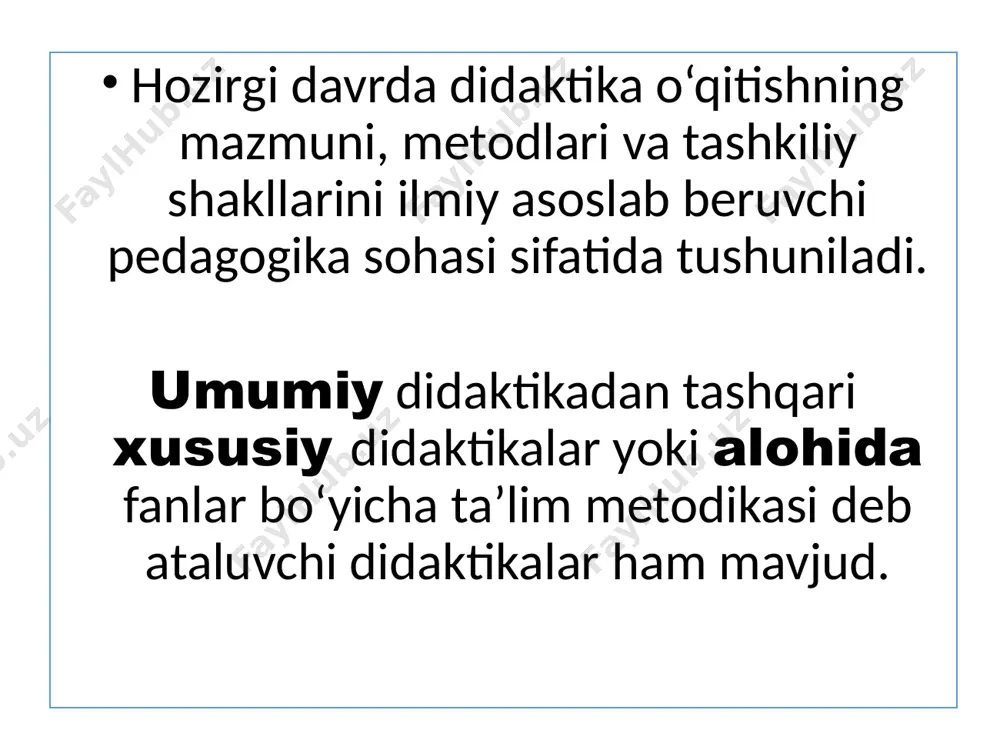 asi - deb, o’qitiladigan fanlar, o’qitish uchun ajratilgan soatlar va o’quv yilini tuzilishini belgilab beruvchi davlat hujjatiga aytiladi. o’quv dasturi – o’quv rejasi asosida ishlab chiqiladi. o’quv dasturi har bir o’quv fanini o’qitish uchun ajratilgan bilim hajmi, tizimi va g’oyaviy – siyosiy yo’nalishini aniqlab beradigan davlat hujjatidir. darslik – o’quv jarayonining zarur qismidir. ko’p vaqtlardan beri u o’qitishning eng muhim vositasi hisoblanar edi. ta’lim tamoyillari pedagogning faoliyatini va talabalar tomonidan ilmiy bilimlarning o’zlashtirilishi tegishli ko’nikma va malakalar hosil qilishning asosiy qonun va yo’l yo’riqlarini o’z ichiga oladi. shu bilan bir vaqtda ta’lim tamoyillari har ikkala faoliyatning ya’ni pedagog va talaba tomonidan o’z oldiga qo’yilgan vazifalarni muvaffaqiyatli amalga oshirish imkoniyatini beradigan bir qancha talablarni ham umumlashtirib beradi. shunga ko’ra ta’lim qoidalari o’qitishning eng muhim masalalarini nazariy va amaliy jihatdan to’g’ri hal qilishning asosiy negizi hisoblanadi. ta’lim tamoyillari deb umuminsoniy tarbiyaning maqsad va vazifalarini amalga oshirishga qaratilgan o’qish va o’qitish jarayonlarining yo’nalishi, …