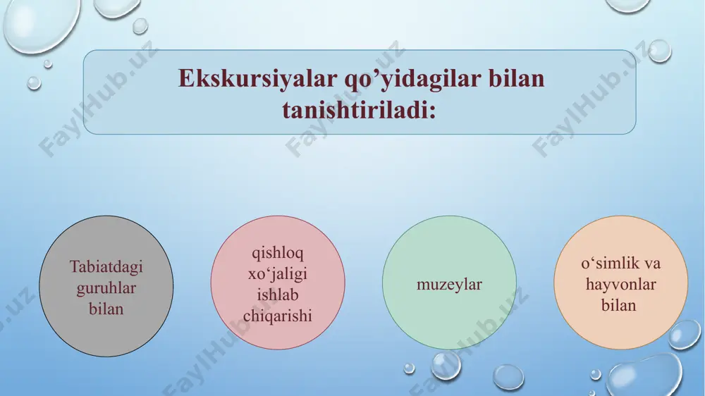 ayvonlarning yashashi uchun nimalar zarur? hayvonlar hayotini kuzating. 9-mavzu. hayvonlarning xilma-xilligi. 10-mavzu. hayvonlarning rivojlanishi. 11-mavzu. hayvonlarning ahamiyatini o‘rganamiz. o‘quv yili boshlanishida pedagoglarning harakat strategiyasini belgilab beradi. mazkur o‘quv dasturi 2019/2020 o‘quv yilida i sinfda amaliyotga joriy etiladi. 1 - sinf “tabiiy fanlar” (68 soat) 4 - bob ob havo (3 soat) 12-mavzu. ob havo nima? kun davomida ob-havo o‘zgarishini kuzatish. 13-mavzu. havo haroratini op`lchash. 14-mavzu. yog`in turlari. o‘quv yili boshlanishida pedagoglarning harakat strategiyasini belgilab beradi. mazkur o‘quv dasturi 2019/2020 o‘quv yilida i sinfda amaliyotga joriy etiladi. 1 - sinf “tabiiy fanlar” (68 soat) 5 - bob yil fasllari (5 soat) 15-mavzu. kuz. 16-mavzu. qish fasli. 17-mavzu. bahor. 18-mavzu. yoz. 19-mavzu. yil fasllarini farqlash va o‘zgarishlarni tasvirlash. o‘quv yili boshlanishida pedagoglarning harakat strategiyasini belgilab beradi. mazkur o‘quv dasturi 2019/2020 o‘quv yilida i sinfda amaliyotga joriy etiladi. savol va topshiriqlar: 1. boshlang’ich sinflar tabiatshunoslik fanidan ekskursiya darslarini takomillashtirish yoilari haqida ma'lumot yig’ing. …