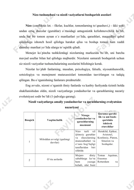 , huquq, psixologiya, harbiy fanlar doirasida paydo bo`la boshladi, ammo ular mustaqil hodisalar sifatida ajralib turmaydi. 2. 1925-1934 yillar - huquqshunoslik, sotsibiologiya, psixologiya, matematika, sotsiologiya sohalaridagi nizoli muammolar bo`yicha ishlar paydo bo`la boshladi. 3. 1935-1948 yillar - ikkinchi jahon urushi va umuman mamlakatdagi vaziyat sababli deyarli hech qanday ishlar nashr etilmagan. 4. 1949–1972 yillar - har yili nizoli vaziyatlarga oid asarlar nashr etilgan, ya’ni, dastlab 25 nomzodlik dissertatsiyalari himoya qilindi. falsafa, pedagogika, shuningdek, tarixiy va pedagogikaga oid fanlarda nizoli vaziyatlar mustaqil hodisa sifatida o`rganila boshlandi. 5. 1973-1989 yillar - san’atshunoslik, matematika, pedagogika, huquq, psixologiya, siyosatshunoslik, falsafa doirasidagi nizoli muammolarga oid birinchi doktorlik dissertatsiyalari himoya qilindi. mazkur yillarning har birida nizoli muammolarga oid 35 ta asar nashr etilgan. 6. 1990 yildan hozirgi kungacha - nizolarga oid konfliktologiya mustaqil fan sifatida shakllana boshlandi, nashrlar soni keskin o`sib bordi (yiliga 60 dan 250 tagacha), har yili 13 dan 25 tagacha tezislar, shu jumladan …