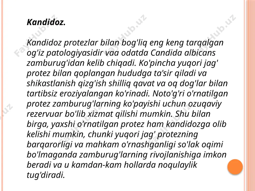 da protezda bu submukozal qatlamni to'ldiradigan va og'iz bo'shlig'i to'qimalariga chaynash bosimini ta'minlaydigan yumshoq taglik bo'lishi kerak. yumshoq taglikdan foydalanish uchun ko'rsatmalar alveolyar o'siqning keskin notekis atrofiyasi, yomon egiluvchan quruq shilliq qavat bilan birlashtiriladi. bunday holda, boshqa ma'lum usullar protezning mustahkam o'rnatilishiga imkon bermaydi. protez maydonini jarrohlik yo'li bilan tayyorlashga qarshi ko'rsatmalar mavjud bo'lganda, protez maydonida ekzostozlar va o'tkir suyak o'simtalari va o'tkir qiya ichki chiziq mavjudligi. bu holda qattiq taglik kuchli og'riqlarga olib keladi. bir vaqtning o'zida ko'p sonli tishlarni olib tashlash bilan darhol protez qilish (to'g'ridan-to'g'ri protez) og'iz bo'shlig'ida shilliq qavatning surunkali kasalliklari mavjudligi akril plastmassa va ulardan tayyorlangan protezlarga allergiya shilliq qavatning juda yuqori og'riq sezuvchanligi elastik plastmassalarga qo'yiladigan talablar akril protez uchun taglik sifatida xizmat qiluvchi elastik plastmassalar bir qator xususiyatlarga ega bo'lishi kerak: protez imkon qadar uzoq davom etishi uchun uning elastikligini uzoq vaqt saqlash; protez asosiga etarlicha mahkam bog'langan suvning minimal singishiga ega bo'lish; …