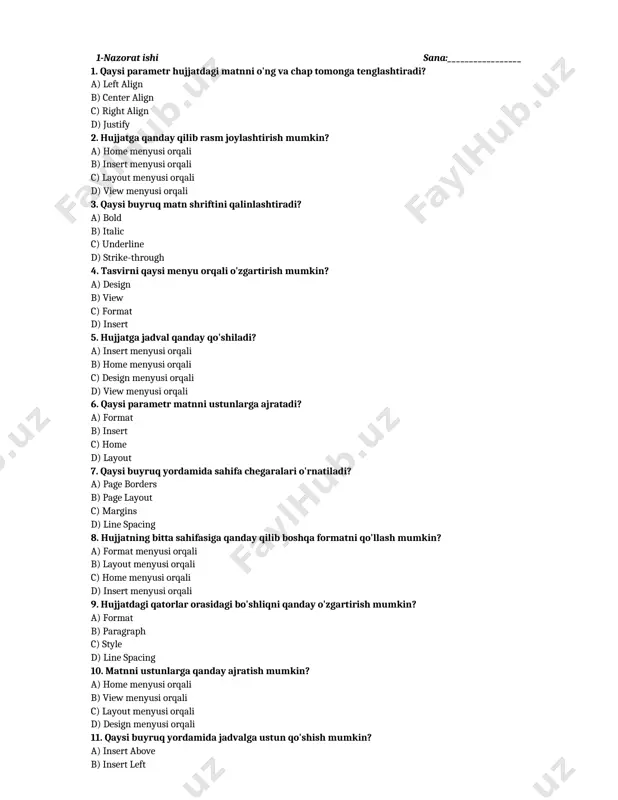layout c) insert d) view 18. qaysi parametr yordamida tasvirni kesish mumkin? a) cut b) resize c) crop d) paste 19. hujjatda qaysi parametr matnning rangini o'zgartiradi? a) font color b) background c) highlight d) paragraph 20. hujjatga giperhavola qanday qo'shiladi? a) design menyusi orqali b) layout menyusi orqali c) view menyusi orqali d) insert menyusi orqali savol 1 2 3 4 5 6 7 8 9 10 javob savol 11 12 13 14 15 16 17 18 19 20 javob 2-nazorat ishi sana:_________________ 1. multimediadan qanday maqsadli foydalaniladi? a) taqdimotlar yaratish b) matnli hujjatlar tayyorlash c) faqat audio yozish d) faqat video tayyorlash 2. taqdimotda slayd o'tish effektlari nima uchun qo'llaniladi? a) auditoriyani zeriktirish uchun b) auditoriyani jalb qilish uchun c) faqat texnik talablarga javob berish uchun d) matnni tahrirlash uchun 3. slaydga o'tish effektini qanday qo'shamiz? a) insert menyusi orqali b) design menyusi orqali c) home menyusi orqali …