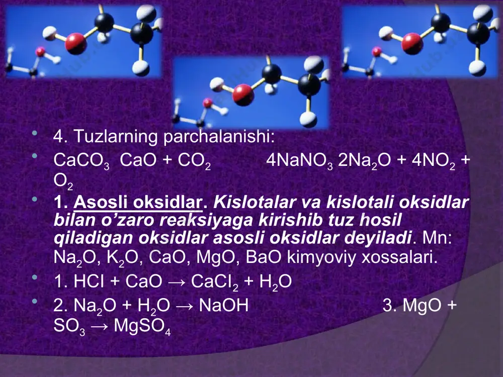 2koh = fe(oh)2↓ + 2kci 4. tuz eritmalarini elektroliz qilish bilan ham asos hosil qilish mumkin (ishqor)lar olinadi, masalan: naci + h2o na+ + h2↑ + ci2↑ + oh- h2o = h+ + oh- naci = na+ + ci- 2ci- - 2 e → ci2 - anod 2h+ + 2 e → h2 - katod eritmada: na+ + oh- = naoh asoslarning xossalari: 1. asoslarning kislotalar bilan reaksiyasi:naoh + hci = naci + h2o 2. asoslarning kislotali oksidlar bilan reaksiyasi: 2koh + co2 = k2co3 + h2o 3. asoslarning tuzlar bilan reaksiyasi: mgci2 + 2naoh = ↓mg(oh)2 + 2naci 4. asoslarning amfoter oksidlar va amfoter gidroksidlar bilan reaksiyasi: 2naoh + ai2o3 = 2naaio2 + h2o 5. ishqorlar yuqori haroratda chidamli bo’lib parchalanmasdan ionlarga ajraladi. m: naoh 1400oc da naoh na+ + oh- ai(oh)3 ai2o3 + h2o 2fe(oh)3 = fe2o3 + 3h2o 6. asoslar ta’sirida fenolftalein eritmasini pushti rangga, metiloranjni sariq …
