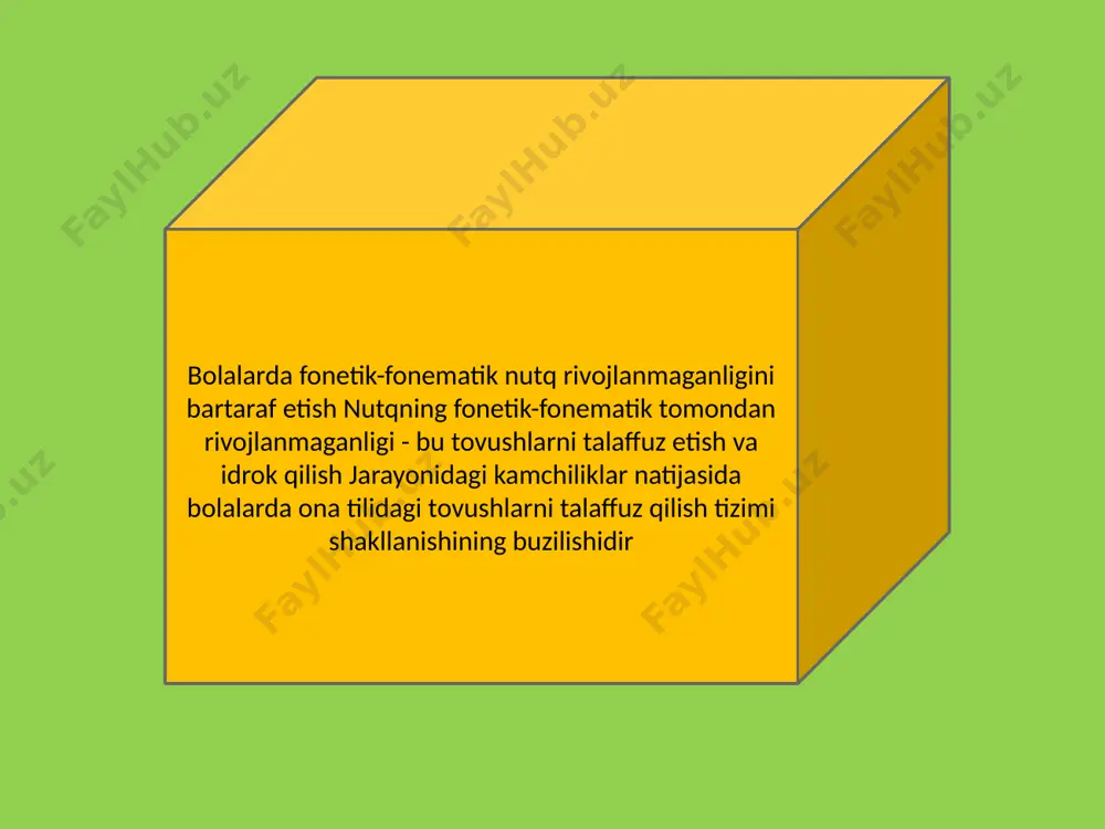lar xarakati mashqlari uchun tajriba to'planishini to'xtadi deb ta'kidlagan harakat - kinestetik alogalarni rivo lantirish uchun tovush talaffuzi vaqtida artikulyator organlar holatini aniqlovchi maxsus mashqlar bajartiriladi. mashqlarni bajarish jarayonida bolalarning diqqati doimo kinestetik sezgilarga qaratiladi.artikulyator harakatlarning kinestetik asosini shakllantirish turli xil mashqlarni bajarish jarayonida amalga oshiriladi, lablar holatini aniqlash, til uchi tor va kengligini afratish va.x.k. artikulyatsion apparat xarakatchanligini shakllantirish bo'yichalogopedik ishlar quyidagilarmi o'z ichiga oladi 1. artikulyator motorikani rivojlantirishga harakatlar hajmini ko'paytirishgayo'naltirilgan, artikulyatsion apparat organlari harakatchanligini, kuchini, aniqharakatini, artikulyator organni kerakli holatda ushlab tura olish ko'nikmalarinirivojlantirishga oid stat ik mashqlar 2. bir vagtda va ketma - ket bajarilayotgan harakatlar jarayonida dinamik koordinatsiyani rivojlantiruvchi mashqlar artikulyator harakatlar statikasini rivojlantirish, harakatlarni takrorlash va gayta tiklash jarayonida amalga oshiriladi tovushlarni nutqqa qo'yish individual mashg' ulot davomida, har bir bolaga 10 - 15 minut alratilgan holda olib boriladi. har bir anig holatda tovushlarni nutaga go'yish usullari tanlanadi. ularni tanlashda bola shaxsiga, talaffuzdagi kamchilik …