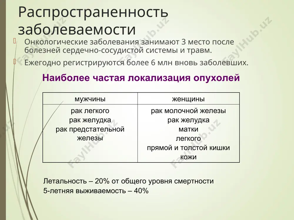 asi (oshqozon-ichak o'smalari uchun xos). tnm-клиническая классификация (например, для рака желудка) tnm-klinik klassifikatsiyasi (oshqozon raki misol tariqasida) tx – недостаточно данных для оценки первичной опухоли t0 – первичная опухоль не определяется tis – преинвазивная карцинома (интраэпителиальная опухоль без прорастания собственной пластинки слизистой оболочки) t1 – опухоль инфильтрирует стенку желудка до подслизистого слоя t2 – опухоль инфильтрирует стенку желудка до субсерозной оболочки t3 – опухоль прорастает серозную оболочку без инвазии в соседние структуры t4 – опухоль распространяется на соседние структуры т – первичная опухоль t – birlamchi o'sma tx – birlamchi o’sma o’lchamini baxolashning imkoniyati yo’q, t0 – birlamchi o’sma aniqlanmagan; tis – invaziyasiz kartsinoma (carcinoma in siti); t1 – o'sma oshqozonning shilliq osti qavtiga o'sishi t2 – o'sma oshqozonning seroz osti qavtiga o'sishi t3 – o'sma oshqozonning seroz qavtida anqlanishi, yondosh a'zolarga o'smagan xolatda t4 – o'sma yondosh strukturalarda anqlanishi n – регионарные лимфатические узлы n – regionar limfa tugunlar …