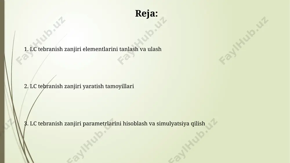 uchun induktivlik va sig‘imning nolga yaqin qarshiliklarini hisobga olish kerak. lc osilatsion zanjirining asoslari zanjirning energiyasi induktivlikdagi magnit maydon energiyasi va sig'imdagi elektr maydon energiyasi o'rtasida davriy ravishda o'zgarib turadi. energiyaning to'liq yo'qotilishsiz almashinuvi ideal lc zanjir uchun xosdir. lc zanjirining o'ziga xos to'lqin qarshiligi (impedansi) rezonans chastotasida minimal bo'ladi va bu nuqtada zanjir maksimal tokni o'tkazadi. qarshilikning bu minimal qiymati faqat elementlarning ichki qarshiligiga bog'liq. lc zanjirining elementlarini tanlash past yoʻqotishli komponentlarni, masalan, q-omili 100 dan yuqori boʻlgan induktivlik va kondensatorlarni tanlash, lc zanjiri samaradorligini oshirishga yordam beradi. lc zanjiri uchun induktivlikni 10-100 мкгn oraligʻida tanlash, rezonans chastotasini va energiya saqlash samaradorligini aniqlash uchun muhimdir. induktivlik va sig'imning ta'siri sig'imning ortishi rezonans chastotasini pasaytiradi, bu esa lc zanjirida tebranishlar davrini uzaytiradi, masalan, 10 mf sig'im 1 mh induktivlik bilan 159 hz chastotani hosil qiladi. induktivlik va sig'imning optimal nisbati lc zanjiri tebranishlarining amplitudasini maksimal darajada oshirish va energiya yo'qotishlarini …