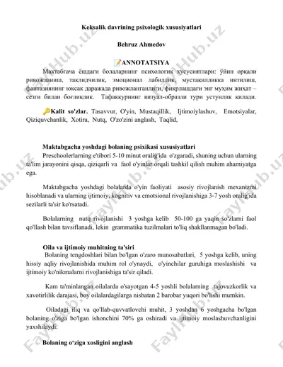 maktabgacha yoshdagi bolalar psixikasi xususiyatlari — DOCX