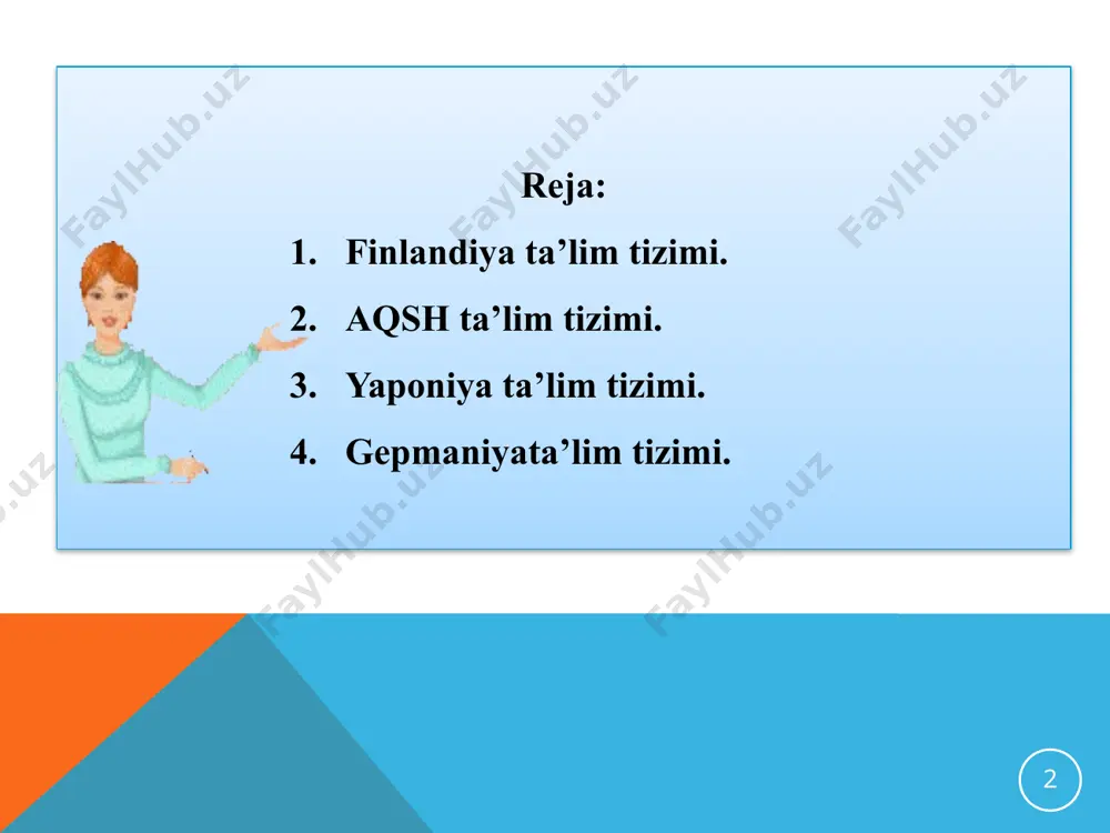 di.o’quv yurtlari davlat, xususiy, diniy muassasalar ixtiyorida bo’lishi mumkin. aqsh ko’p millatli mamlakat. shunga ko’ra har bir millat bolalari o’z ona tilini , milliy urf odatlarini, dinini bog’chalarda o’rganadilar. 8 amerika maktablarida o’qish har bir o’quvchi uchun faxr-iftixor bo’lishiga, o’z bilimi imkoniyatiga ishonch hissini tarbiyalashga katta e’tibor beradi. o’quvchilarni maktabdan bezdirish, ularni darslarga ishtiyoqsiz va loqayd bo’lib qolishlari favqulotda salbiy holat bo’lib hisoblanadi. o’quvchilar boshlang’ich maktabni bitirganidan so’ng qo’yi (7-8-9 sinflar) o’rta maktabda o’qishni davom ettirishadi. bu maktabni muvafaqiyatli o’tganlar yuqori, o’rta (10-11-12 sinflar) maktabga qabul qilinadi. o’quvchilar ma’lum bir sinfni, kursni yoki maktabni bitirishda test sinovlari topshiradilar. 9 amerikada yaqinda qabul qilingan «2000 yilda amerikada ta’lim strategiyasi» dasturi e’lon qilindi. bunda quyidagi asosiy vazifalar belgilandi: - 2000 yilda barcha amerikalik kichkintoylarning maktabda tayyor holda qilishlari; - aholining 90% oliy ma’lumotli bo’lishi, o’quvchilarning ingliz tili, matematika, tabiiy fanlar, tarix, geografiya fanlari bo’yicha jahonga o’z iqtidorlarini namoyish eta olishlari; - talabalarning …