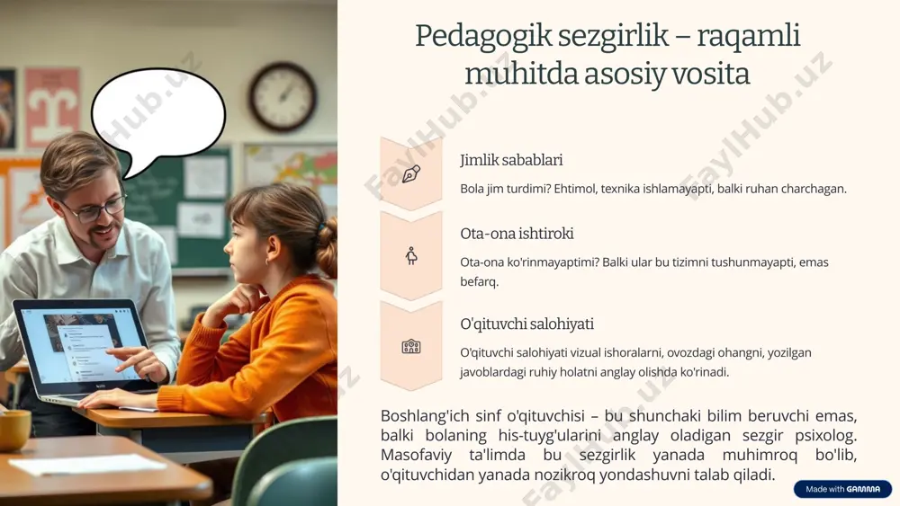 nada samaraliroq muloqot o'rnatishi mumkin. 10 boshlang'ich ta'limda pedagogik konfliktlarni hal qilishning muloqot usuli 11 bu muloqot orqali rivojlanish muammolarini hal qilishda shaxsning o'z-o'zini tarbiyalash va o'z-o'zini tarbiyalashni rag'batlantiradigan psixologik vaziyatlar yaratiladi: pedagog bilan o’quvchi o’rtasidagi muloqot shu qadar ahamiyatliki: norasmiy muloqot nima uchun kerak? 1- o'quv jarayonidan bolalarning stressini kamaytiradi bazi bolalar uchun o'qish stressdir: tekshirish va nazorat ishlari, baholash. asabiy taranglik fikrlash jarayonlarini bloklaydi, ijodkorlikdan mahrum qiladi. ayniqsa, agar o'qituvchi vaziyatni qo'shimcha ravishda kuchaytirsa. hazil va do'stona munosabat o'qituvchidan qo'rquvni kamaytiradi va bolalarga ochiq bo'lishga imkon beradi. 2- intizomni yaxshilaydi va yuzaga keladigan nizolarni tinch yo'l bilan hal qilishga imkon beradi. bosim qarshilik hosil qiladi. o'qituvchi bolaning sinfdoshlari oldida kamsitganda, unda dushmanlik tuyg'usini uyg'otadi va qasos olishga undaydi. 3- samaradorlikni oshiradi. 4- talabalarga ijtimoiy chegaralarni kengaytirish va kattalar bilan tajriba orttirishga yordam beradi. muloqot kim va nima haqida gapirayotganingizga qarab uslubni tanlash qobiliyatini o'z ichiga oladi. bolaning kattalar …