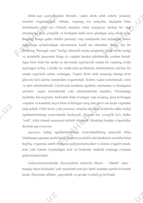 tiv xususiyatlar. tadqiqotchilar idrokning beshta asosiy xususiyatini (sifatini) ajratib ko‘rsatadilar: doimiylik, yaxlitlik, mazmunlilik, tanlab olish va apperseptsiya. doimiylik- idrok obrazlarining barqarorligi, doimiyligi. bu asosan bizning o'tmishdagi tajribamiz ta'sirining namoyonidir. parashyutchi o'rmonning yam-yashil ekanligini biladi, shuning uchun u hatto katta balandlikdan ham uni shunday qabul qiladi. doimiylik qonuni: inson atrofidagi tanish narsalarni o'zgarmagan deb hisoblaydi. butunlik- har bir ob'ekt va vaziyat barqaror tizimli butunlik sifatida qabul qilinadi, hatto bu butunning qismlarini kuzatish mumkin bo'lmaganda ham (masalan, binoning qarama-qarshi qismi). bu mumkin bo'ladi, chunki haqiqatni aks ettirish jarayonida shakllangan tasvir yuqori ortiqchalikka ega, ya'ni. tasvirning ba'zi to'plami nafaqat o'zi haqida, balki boshqa komponentlar haqida, shuningdek, butun tasvir haqida ma'lumotni o'z ichiga oladi. agar biz suhbatdoshning faqat boshi va elkasini ko'rsak, unda biz uning qo'llari va tanasining holatini to'ldirishimiz mumkin. mazmunlilik- qoidaga ko'ra, inson o'zi tushungan narsanigina idrok etadi. ma'noli so'zlar ma'nosiz harflar yoki bo'g'inlar to'plamiga qaraganda ancha tez va aniqroq eslab qolinishi …