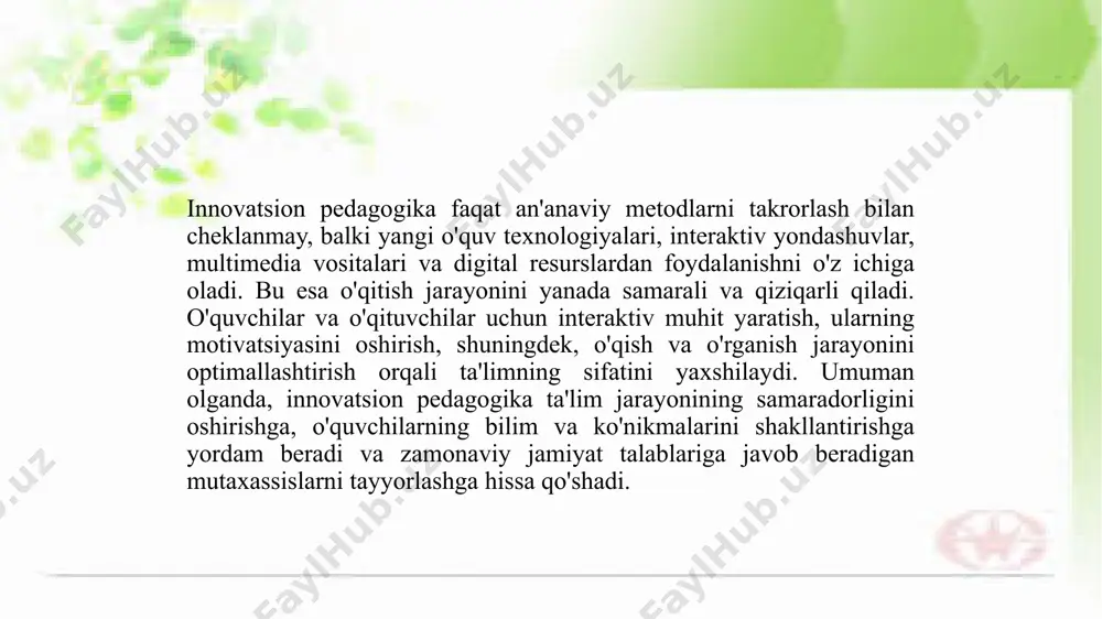 mkoniyatlarni yaratish uchun zarur ko‘nikmalarni berishga intiladi. birinchi navbatda, "project-based learning" (pbl) uslubi shaxsiy va jamoaviy rivojlanishni rag‘batlantiradi. ushbu tizimda o‘quvchilar haqiqiy hayotdagi muammolarni hal qilish uchun loyiha ishlari orqali o‘rganadilar. bu metod yoshlarni ijodiy fikrlash, muammolarni tahlil qilish va ularni hal etish uchun yangi g‘oyalar ishlab chiqishga o‘rgatadi. "design thinking" metodologiyasi ham o‘zgarishlarga moslashuvchanlikni va kreativ fikrlashni o‘rgatish uchun ishlab chiqilgan ta’lim tizimlaridan biridir. bu metod o‘quvchilarga ehtiyojlarni aniqlash, ijodiy yechimlar ishlab chiqish va foydali natijalarga erishish yo‘llarini ko‘rsatadi. o‘quvchilar o‘z fikrlarini tartibga solib, innovatsion yondashuvlar orqali yangi echimlar yaratishga o‘rgatiladi. shuningdek, "flipped classroom" (ayrim darslarni o‘zgartirilgan tarzda o‘tkazish) yondashuvi yoshlarni kreativ fikrlashni rivojlantirishda samarali bo‘lishi mumkin. ushbu tizimda o‘quvchilar uyda o‘zlari o‘rganadigan materiallar bilan tanishadilar, darsda esa o‘rganilgan ma’lumotni muhokama qilish va ijodiy fikr almashish orqali chuqurroq tushunishga harakat qiladilar. bu tizim yoshlarni mustaqil o‘rganish va ijodiy fikrlashga undaydi, shuningdek, ular o‘z o‘quv jarayonlarini boshqarish imkoniyatiga ega bo‘ladilar. …