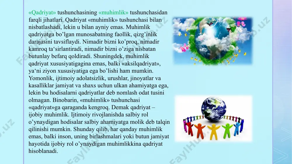 tilishlar, afzalliklar, faoliyat ko’rinishida ro’yobga chiqib, inson hayot faoliyatining barcha turlariga ta‘sir ko’rsatadi. z baholashning mohiyatini teranroq anglab yetish uchun uni «qadriyat» bilan solishtirish o’rinli bo’ladi. baholash va qadriyat – bir-biri bilan uzviy bog’liq bo’lgan tushunchalar, lekin ularning o’rtasida jiddiy farq ham mavjud. xo’sh, bu farq nimalarda ko’rinadi? birinchidan, qadriyat biz baho berayotgan narsa, ya‘ni baholash predmeti bo’lsa, baholash – bu baho berish jarayoni, ya‘ni aqliy faoliyat bo’lib, uning natijasi o’laroq borliqning muayyan predmeti biz uchun qanday qimmatga ega ekanligi aniqlanadi. predmetni yoki uning xossasini foydali, yoqimli, yaxshi, chiroyli deb topib, biz baholashni amalga oshiramiz. ikkinchidan, faqat ijobiy ahamiyat kasb etuvchi qadriyatlardan farqli o’laroq («salbiy qadriyatlar» bo’lishi mumkin emas), berilgan baho ijobiy bo’lishi ham, salbiy bo’lishi ham mumkin. biz muayyan predmetni yoki uning xossasini foydali emas, balki zararli deb topishimiz, muayyan xattiharakatni yomon, axloqqa zid deb baholashimiz, ko’rilgan filmni mantiqsizdeb qoralashimiz mumkin. bunday fikrlarning barchasi baholash hisoblanadi. ehtiyojlar va qadriyatlar …