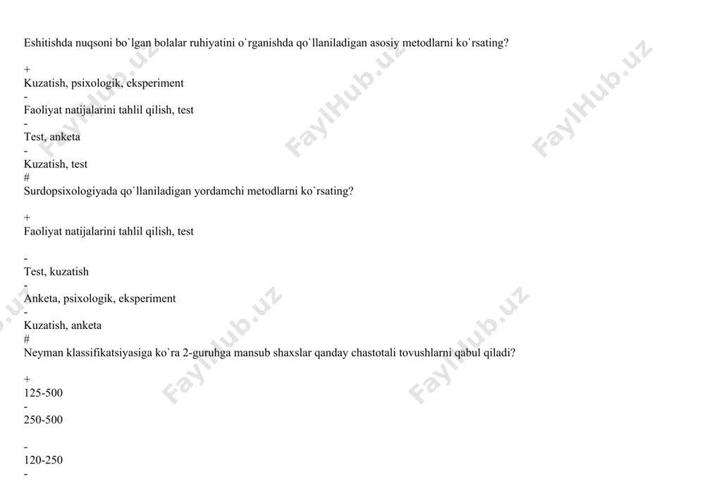 nksiyalarini to`g`ri ketma-ketlikda ko`rsating? + ilk bor idrok etilgan materialni eslash, saqlash, tanish va bayon etish - tanish va bayon etish, ilk bor idrok etilgan materialni eslash, esda saqlash - esda saqlash, tanish va bayon etish, ilk bor idrok etilgan materialni eslash - tanish va bayon etish, ilk bor idrok etilgan materialni eslash, esda saqlash # qanday so`zlarni eslab qolishda eshitishda nuqsoni bo`lgan bolalar va sog`lom bolalar o`rtasida farq kuzatiladi? + ovozli hodisalarni ifodalovchi so`zlar - teri-taktil analizatori yordamida idrok etiluvchi predmetlarni ifodalovchi so`zlar - ko`rish orqali idrok etiladigan predmetlarni ifodalovchi so`zlar - barcha javoblar to`g`ri # kimning tadqiqotlarida eshitishida nuqsoni bo`lgan bolalar predmetni joylashuv o`rni bilan aloqasini ixtiyorsiz ravishda eslab qolishi kuztilgan? + t.razonova - l.s.vigotskiy - l.v.zankov - t.tigranova # eshitishda nuqsoni bo`lgan o`quvchilarda uzoq muddatli xotirani rivojlantirishda qaysi metod samarali sanaladi? + savol-javob - hikoya - test - suhbat # kar va zaif eshituvchi bolalarning obrazli xotirasini …
