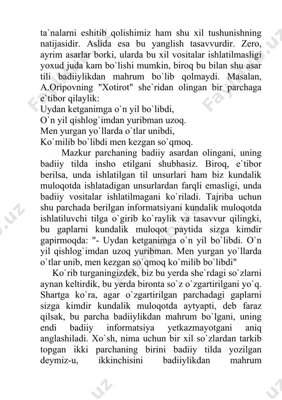 on gavdalanadi. o`quvchi o`sha o`t bosgan yo`llarni, ko`milib bo`lgan so`qmoqni ko`radi, lirik qahramon bilan birga yoki o`zini uning o`rniga qo`ygan holda o`sha so`qmoqda kezinadi, uning kechinmalarini qalbdan o`tkazadi. ya`ni, u yangi bir olamda — til unsurlari vositasida yaratilgan badiiy reallikda yashaydi. badiiy reallik esa voqelikning oddiygina aksi emas, balki uning ijodkor qalbiyu ongida qayta yaratilgan aksi — badiiy obrazdir. bu obrazda esa ijod onlarida shoir qalbida kechgan his-tuyg`ularu o`y-fikrlar badiiy til vositasida muhrlandi, o`quvchini o`sha holatga olib kiruvchi tashqi bir manzara tasvirlandi. boshqacha aytsak, ijodkor tasavvurida yaralgan obraz badiiy so`z vositasida moddiylashadi, shu bois ham badiiy til obraz yaratish vositasi sanaladi. agar ilmiy, rasmiy va h.k. uslublarda yetkazilgan informatsiya tushunchalar orqali berilsa, badiiy asarda yetkazilayotgan informatsiya obrazli, hissiyotga yo`g`rilgan informatsiyadir. demak, badiiy tilning belgilovchi xos(spetsifik) xususiyatlari obrazlilik (tasviriylik) va emotsionallik ekan. yuqorida ko`rganimizdek, badiiy til umumxalq tiliga asoslanadi, uni butkul yangi hodisa deb qaramaslik kerak. biz kundalik muloqotda ishlatib yurganimiz …