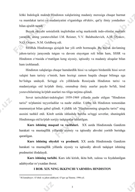 rda nashr etilgan "hindiston tarixi" to'plamini tayyorladilar va nashr etdilar. ushbu ish hindiston tomonidan mamnuniyat bilan qabul qilindi. 4 jildlik ish "hindistonning qisqacha tarixi" ning asosini tashkil etdi. kitob ustida ishlashda barcha so'nggi sovetlar, shuningdek hindistonga oid ko'plab xorijiy tadqiqotlar ishlatilgan. kurs ishining maqsad va vazifalari. xx asrda hindistonda gandizm harakati va mustaqillik yillarida siyosiy va iqtisodiy ahvolni yoritib berishga qaratilgan. kurs ishining obyekti va predmeti. xx asrda hindistonda gandizm harakati va mustaqillik yillarda siyosiy va iqtisodiy ahvoli tadqiqot ishining predmetini ifodalaydi. kurs ishining tarkibi. kurs ishi kirish, ikita bob, xulosa va foydalanilgan adabiyotlar ro‘yxatdan iborat. i bob. xix ning ikkinchi yarmida hindiston 1.1 sepoylar isyonidan so'ng mamlakatning iqtisodiy rivojlanishi shuni ta'kidlash kerakki, xix asr oxirida hindiston tarixini o'rganayotganda, bu vaqtda bir necha qo'zg'olonlar bo'lganini kuzatamiz va ulardan biri sepoylarning isyoni edi (1857-1859). bu qoʻzgʻolon oʻz xalqining qahramonlik feati boʻlgan hindiston tarixida ajoyib voqea boʻldi. darajali va faylli ishtirokchilar va …
