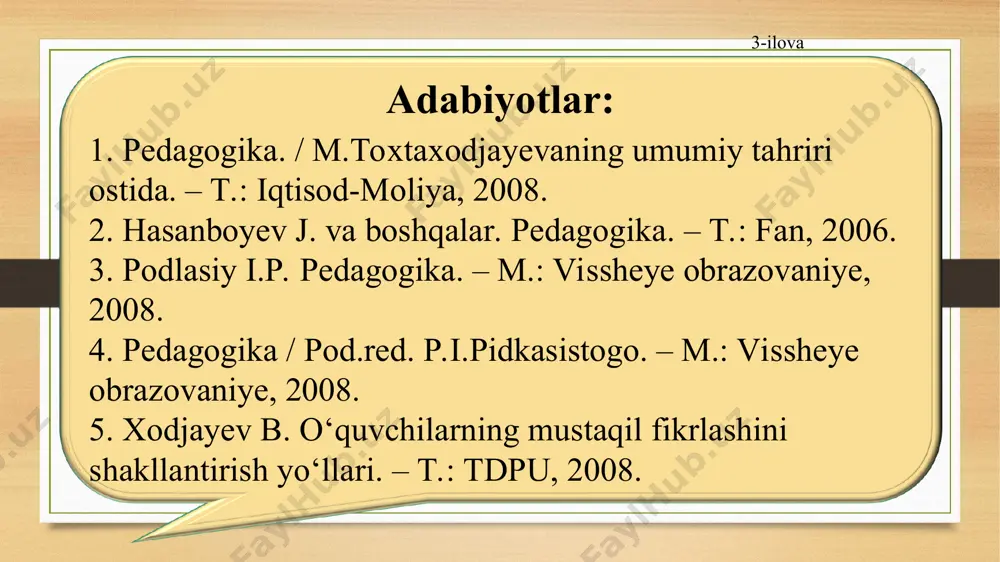 3. biror fanni о‘qitish metodikasining о‘ziga xosliklari. 4. materialni о‘rganishga ajratilgan vaqt. 5. о‘quv mashg‘ulotining maqsadi, vazifalari va mazmuni. 6. о‘quvchilarning yoshi va bilish imkoniyatlari. 7. о‘quvchilarning tayyorgarlik darajasi. 8. ta’lim muassasasining moddiy ta’minlanganligi. 9. о‘qituvchining nazariy, amaliy va metodik tayyorgarligi, pedagogik mahoratni egallaganlik darajasi. 15-ilova 16-ilova