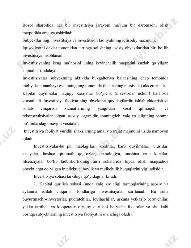 lar shakllariga ko‘ra: moliyaviy, moddiy, mulkchilik huquqlari turlariga bo‘linadi. moliyaviy investitsiyalarga pul, depozitlar, ulush, aksiyalar, obligatsiyalar va boshqa o‘zoq muddatli qimmatli qog‘ozlar kiradi. moddiy turdagi investitsiyalar ikki guruhga: ko‘zg‘aluvchan mulkka va kuchmas mulkka bo‘linadi. ko‘zg‘aluvchan mulkka mashina va qurilmalar, hamda boshqa moddiy boyliklar kiradi. kuchmas mulkka bino, inshoot, kommunikatsiya qurilmalari, ya’ni ko‘p hollarda asosiy fondlarning passiv qismi kiradi. investitsiyalarning turli-tuman shakllari bo‘lib, mulkchilik huquqlari hisoblanadi. bunday turdagi investitsiyalarni to‘plami bozor munosabatlarining rivojlanish darajasiga va milliy bozor hususiyatlariga ko‘ra o‘zgarib turadi. investitsiya to‘plami ichidan birinchi navbatda intellektual boylikka ega bo‘lgan huquqlar, tabiiy resurslar va boshqa turdagi resurslardan foydalanish huquqlari ajralib chiqadi. investitsiyalarning intellektul huquqlar turi mualliflik huquqlari, nou-xau va boshqalar ko‘rinishida bo‘lishi mumkin. chet el sarmoyadorlari tomonidan institutsion birliklarning ustav kapitaliga ulush sifatida tovar belgilaridan foydalanish huquqini berish, shu xo‘jalik birliklarining sifatli tovar ishlab chiqarishiga olib keladi. oqibatda, bunday harakat xo‘jalik birliklarining intensiv rivojlanishiga, shuningdek, o‘zbekiston respublikasiga chet el investitsiyalarining oqib …