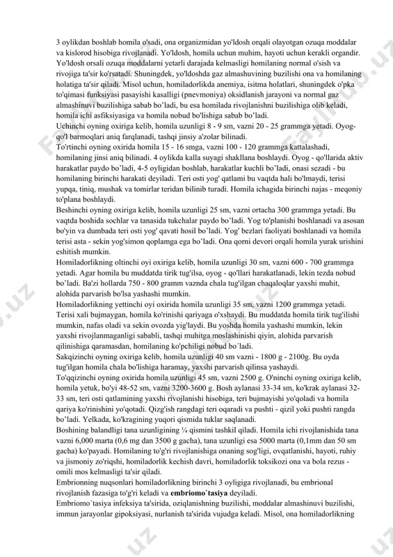 di. b) yoldosh (homila) rivojlanish fazasi, 3 - oydan 10 - oygacha. homiladan tashqari bolaning rivojlanish davri quyidagilarga ajratiladi: 1. chaqaloqlik davri - 3-4 haftagacha; 2. ko'krak yoshi davri va kichik yasli yoshi, 3-4 haftadan 1 yoshgacha davom etadi; 3. maktabgacha (yoki yasli) davri 1 yoshdan 3 yoshgacha; 4. maktab oldi - 3-7 yosh; 5. kichik maktab yoshi 7-11 yosh; 6. katta maktab yoshi (pubertat davr) 12 yoshdan 17-18 yoshgacha. homila ichi rivojlanish davri bu davrga tez o'sish va ona organizmi hisobiga oziqlanish harakterlidir. birinchi 2 oylikni o'z ichiga olgan embrional rivojlanish fazasida organlarning barpo bo'lishi, homilaning shakllanishi va homila qobiqlarining - suvli (amnion), tukli (xorion), sariq pufak va allakteksning rivojlanishi kuzatiladi. oziq moddalar bilan ta'minlanish sariqlik pufagi ichidan o'tuvchi tomirlar orqali bajariladi. bu sariqlikdagi qon aylanish deyiladi. oziq moddalar zahirasi bu yerda ko'p emas va juda tezda yo’qoladi, bu oziqlanish o'rnini yo'ldosh (plasenta) qon aylanishi oladi. birinchi oyning oxirida …