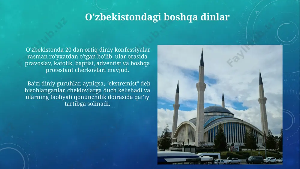 . yahudiylik oʻzbekistondagi yahudiy jamoalari, asosan, buxoro va samarqand shaharlarida, taxminan 5000 dan ortiq a’zosi bilan faoliyat yuritadi, ularning aksariyati sefard yahudiylaridir. yahudiylik diniy tashkilotlari oʻzbekistonda rasmiy roʻyxatdan oʻtgan va sinagogalar, maktablar va boshqa diniy-madaniy markazlarga ega boʻlib, yahudiy madaniyatini saqlash va targʻib qilish bilan shugʻullanadi. islom mazhablari va ta'siri oʻzbekiston musulmonlari diniy hayotining muhim qismi sifatida, masjidlar soni 2000 dan ortiq boʻlib, ularning aksariyati hanafiy mazhabiga amal qiladi, bu esa mamlakatda mazhabning kuchli taʼsirini koʻrsatadi. oʻzbekistonda sunniy islomning hanafiy mazhabi asosiy mazhab hisoblanadi va aholining 90% dan ortiq qismi unga amal qiladi, qolgan qismi esa boshqa mazhablar vakillaridan iborat. e'tiboringiz uchun rahmat @taqdimot_robot image3.png image4.jpg image5.jpg image6.jpg image7.jpg image8.jpg image9.jpg image10.jpg image11.jpg image12.jpg image13.jpg image14.jpg image15.jpg image16.jpg image17.jpg image18.jpg image19.jpg image20.jpg