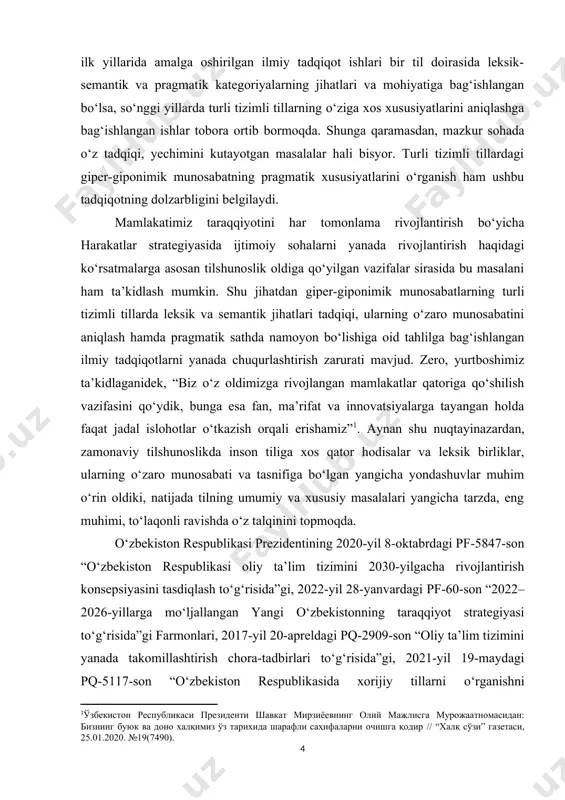 slik oldiga qo‘yilgan vazifalar sirasida bu masalani ham ta’kidlash mumkin. shu jihatdan giper-giponimik munosabatlarning turli tizimli tillarda leksik va semantik jihatlari tadqiqi, ularning o‘zaro munosabatini aniqlash hamda pragmatik sathda namoyon bo‘lishiga oid tahlilga bag‘ishlangan ilmiy tadqiqotlarni yanada chuqurlashtirish zarurati mavjud. zero, yurtboshimiz ta’kidlaganidek, “biz o‘z oldimizga rivojlangan mamlakatlar qatoriga qo‘shilish vazifasini qo‘ydik, bunga esa fan, ma’rifat va innovatsiyalarga tayangan holda faqat jadal islohotlar o‘tkazish orqali erishamiz”[footnoteref:1]. aynan shu nuqtayinazardan, zamonaviy tilshunoslikda inson tiliga xos qator hodisalar va leksik birliklar, ularning o‘zaro munosabati va tasnifiga bo‘lgan yangicha yondashuvlar muhim o‘rin oldiki, natijada tilning umumiy va xususiy masalalari yangicha tarzda, eng muhimi, to‘laqonli ravishda o‘z talqinini topmoqda. [1: ўзбекистон республикаси президенти шавкат мирзиёевнинг олий мажлисга мурожаатномасидан: бизнинг буюк ва доно халқимиз ўз тарихида шарафли саҳифаларни очишга қодир // “халқ сўзи” газетаси, 25.01.2020. №19(7490).] o‘zbekiston respublikasi prezidentining 2020-yil 8-oktabrdagi pf-5847-son “o‘zbekiston respublikasi oliy ta’lim tizimini 2030-yilgacha rivojlantirish konsepsiyasini tasdiqlash to‘g‘risida”gi, 2022-yil 28-yanvardagi pf-60-son …