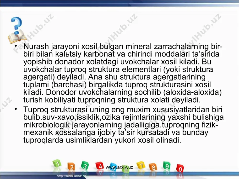 jmiy ogirligi va kovakligi misol buladi. ma’lum xajmdagi absolyut kuruk tuproq kattik kismining shunday xajmdagi suvning ogirligiga nisbati tuproqning solishtirma ogirligi deyiladi, va g/sm3 da ulchanadi. tuproqning solishtirma ogirligi. fakat uning kattik kismininggina kursatgichi bulib tuproqning organik va mineralogik tarkibiga boglik buladi. tuproqning urtacha solishtirma ogirligi 2,5-2,6 g/sm3 buladi. serchirindi tuproqlarda 2,3, chirindisi kam ogir mexanik tarkibil tuproqlarda 2,9 gacha bulishi mumkin. tabiiy xolatdagi (xavosi bilan birgalikda) ma’lum xajmdagi tuproqning shunday xajmdagi suv ogirligiga nisbati xajmiy ogirlik deyiladi. x.o. xam g/sm3 bilan ulchanadi. xajmiy ogirlik tuproqning donodorligiga,ishlanish darajasiga,tarkibi va xususiyatiga boglik bulib 0,9-1,8 g/sm3 oraligida buladi. www.arxiv.uz www.arxiv.uz www.arxiv.uz www.arxiv.uz bizga ma’lumki xar kanday fizik zarracha orasida oralik bushlik mavjud. tuproq xam fizik zarrachalardan ya’ni mexanik agergatlardan tuzilgan va bu agergatlar orasida ozmi-kupmi bushlik bor. bu bushliklar va nospetsifik (jonivorlar inlari,mexanik yoriklar,ildiz chirishi xosil bulgan bushliklar) bushliklar xajmining yigindisi tuproqning kovakligi deyiladi. tuproqning umumiy kovakligi tuproqning xajmiga nisbatan % larda …