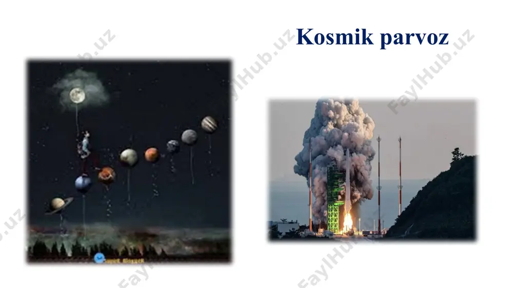 kosmik tezlik (-11,2 km/s) da yerga nisbatan parabolik trayektoriya boʻyicha harakatlanadi. ikkinchi kosmik tezlik dan yuqori tezlikda jism giperbolik trayektoriya boʻyicha harakatlanadi va u yerning tortish kuchini yengib, quyoshning sunʼiy yoʻldoshiga aylanadi. 2. ikkinchi kosmik tezlik jism yer sirtida uchinchi kosmik tezlik (-16,7 km/s)ni olib, quyoshga nisbatan parabola boʻylab harakatlanadi (yer orbitasi yaqinida bu tezlik 42,1 km/s ga teng) va quyosh sistemasining tortish kuchi doirasidan chiqib ketadi. kosmik tezlik kattaliklari yer atmosferasi qarshiligi, yer siqilishi va boshqa ni hisobga olmagan holda keltirilgan. kosmik tezlikni barcha osmon jismlariga nisbatan qoʻllash mumkin. mas, oy uchun birinchi kosmik tezlik-1,7 km/s, ikkinchi kosmik tezlik~2,4 km/s. 3. uchinchi kosmik tezlik nazorat savollari: ilk bor kosmik parvoz qachon amalga oshirilgan? dastlabki parvoz qaysi kosmodromidan amalga oshirilgan? belka va strelka parvozi haqida ma’lumot bering? yuriy alekseevich gagarin birinch fazogir haqida ma’lumot bering? uchta eng kichik tezlik ayting? birinchi kosmik tezlik? jism ikkinchi kosmik tezlik? image1.png image2.png image3.png …