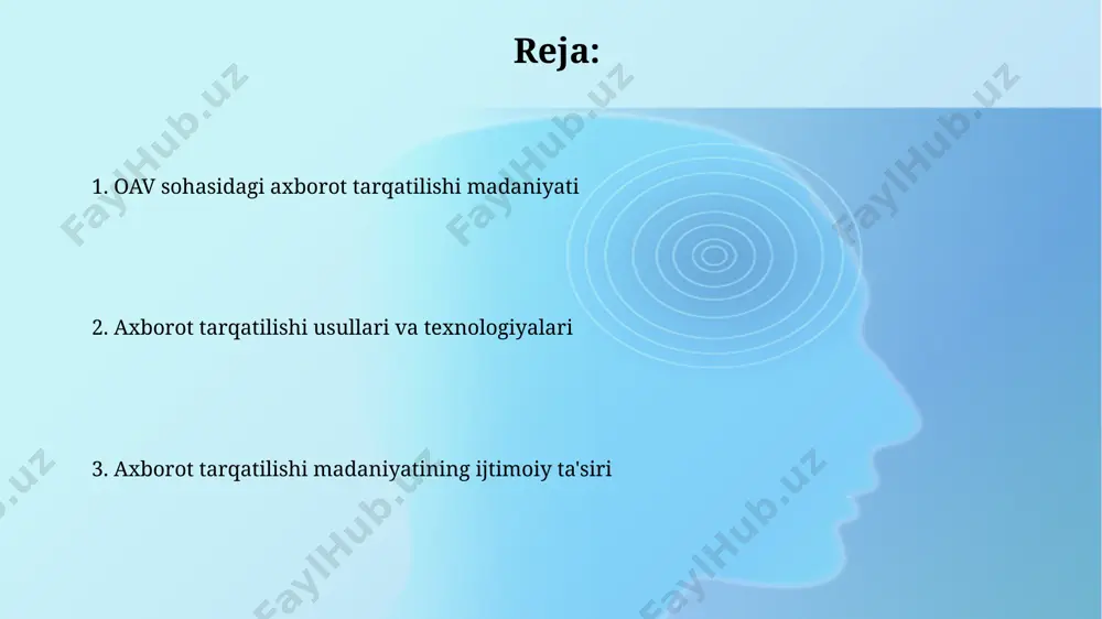 yatiga sezilarli ta'sir ko'rsatmoqda. axborot manbalari va ularning ishonchliligi aqshdagi pew research center maʼlumotlariga koʻra, 2023-yilda yolgʻon axborot tarqalishi 30% ga oshgan, bu esa axborot manbalarining tanqidiy tahlilini talab qiladi. oʻzbekistondagi 5 ta yirik ommaviy axborot vositalarining 2022-yilgi reyting tahliliga koʻra, ishonchlilik darajasi mintaqaviy farqlarni hisobga olgan holda 70% dan 90% gacha oʻzgarib turadi. axborot tarqalishining zamonaviy usullari o'zbekistonning yirik shaharlarida, masalan, toshkent va samarqandda, 5g tarmoqlari rivojlanishi tufayli yuqori tezlikdagi internet orqali real vaqt rejimida video va audio kontentlarni tarqatish imkoniyati kengaymoqda. axborotni tarqatishning zamonaviy usullaridan biri – ijtimoiy media platformalaridan foydalanish bo'lib, 2023 yilda dunyo bo'ylab 4 milliarddan ortiq foydalanuvchisi bor facebook, instagram kabi platformalar orqali tezkor axborot tarqatilishi mumkin. sotsial media va uning ta'siri facebook, instagram va telegram kabi platformalar orqali toshkent shahrida yangiliklarning tezkor tarqalishi kuzatilmoqda, bu esa jamoatchilik fikriga sezilarli ta'sir ko'rsatadi. ijtimoiy media 2023-yil holatiga ko'ra o'zbekistonda 15 milliondan ortiq foydalanuvchiga ega bo'lib, mamlakat …