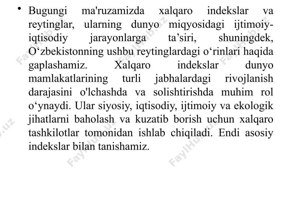 chiqilgan bu indeks mamlakatlarda biznes muhitining qulayligini o‘lchaydi. bu yerda biznesni ro‘yxatdan o‘tkazish, soliqlar, kredit olish imkoniyatlari va investorlarni himoya qilish kabi omillar baholanadi. o‘zbekiston so‘nggi yillarda biznes muhitini yaxshilashda sezilarli islohotlar amalga oshirdi. 2020 yilga kelib, o‘zbekiston bu indeksda 69-o‘ringa ko‘tarildi, bu esa xalqaro investorlarga katta qiziqish uyg‘otdi. . korruptsiyani qabul qilish indeksi (corruption perceptions index, cpi) transparency international tashkiloti tomonidan tayyorlangan bu indeks mamlakatlardagi korruptsiya darajasini baholaydi. indeks mamlakatlar uchun 0 dan 100 gacha ball bilan baholanadi, 0 yuqori korruptsiya darajasini, 100 esa minimal korruptsiyani anglatadi. o‘zbekiston 2023 yil ma'lumotlariga ko‘ra, cpi indeksida 31 ball bilan 126-o‘rinni egallagan. bu ko‘rsatkich mamlakatda korruptsiyaga qarshi kurashdagi o‘zgarishlarni aks ettiradi. global raqobatbardoshlik indeksi (global competitiveness index, gci) jahon iqtisodiy forumi tomonidan ishlab chiqilgan ushbu indeks mamlakatlarning iqtisodiy raqobatbardoshligini baholaydi. bu iqtisodiy infratuzilma, innovatsion salohiyat, mehnat bozori samaradorligi va makroiqtisodiy barqarorlik kabi ko‘rsatkichlarga asoslanadi. 2019 yilda o‘zbekiston bu indeksda 98-o‘rinni egallagan edi, …