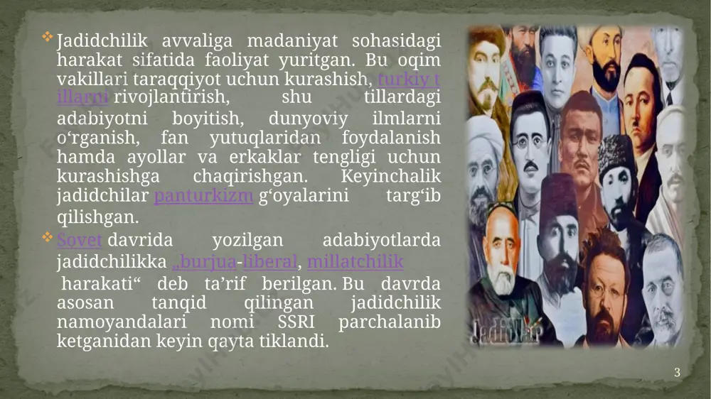 llalar, har qanday yangilik va islohotlarning dushmani boʻlgan qadimiylar oqimi qarshi chiqdi. 20-asr boshlarida buxoro jamiyati 2 guruhga: ikrom domla rahbarligidagi taraqqiyparvarlar va mulla abdurazzoq boshchiligidagi qadimiylarga boʻlingan edi. 1908-yil „buxoroi sharif shirkati“ tuzilib, darsliklar nashr etish va kitob savdosi bilan shugʻullandi. ahmadjon hamdiy (abusaidov), usmonxoʻja poʻlatxoʻjayev (usmon xoʻja), homidxoʻja mehriy, abdulvohid burhonov, abdulqodir muhiddinov, sadriddin ayniy, abdurahmon saʼdiy shirkatning tashkilotchilari edi. 1909-yil dekabrda jadidlar buxoroda „tarbiyai atfol“ („bolalar tarbiyasi“) maxfiy jamiyatini tuzishdi (asoschilari: abdulvohid burhonov, homidxoʻja mehriy, ahmadjon hamdiy, mukammil burhonov, hoji rafe). bu jamiyat turkistonlik va buxorolik yoshlarni istanbuldagi „buxoro taʼmimi maorif jamiyati“ boʻlimiga oʻqishga joʻnatdi. xorijdagi taʼlim yoshlar dunyoqarashida tubdan burilish yasadi. jadidchilik buxoro va turkistonda bir vaqtda boshlangan boʻlsa ham, amirlikdagi ogʻir muhit uning taraqqiyotini tezlashtirdi. 1910-yildan boshlab buxoroda jadidchilik harakati tashkiliy tus oldi va „tarbiyai atfol“ maxfiy jamiyati asosida partiya tashkil topdi. 9 buxoro jadidchiligi 20-asr boshlarida xivada shakllangan jadidchilik bir qadar boshqacharoq tarixiy shart-sharoitda …